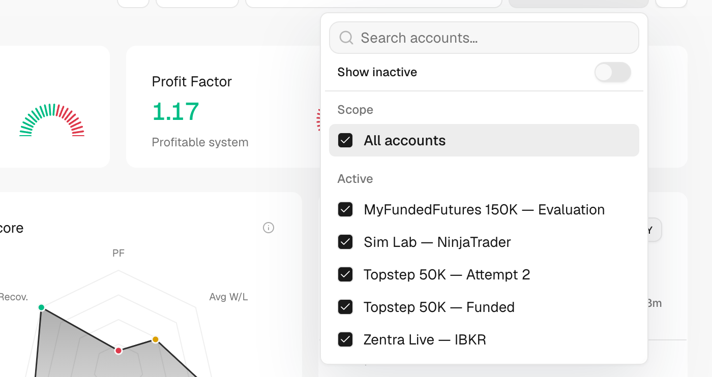 Account selector open with search, Show inactive and account checkboxes