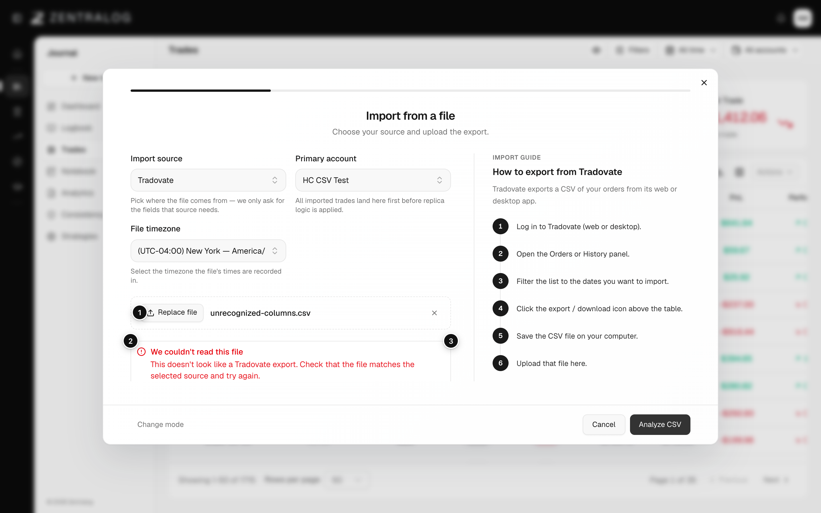 CSV import wizard with an uploaded file, an alert and rows that need attention