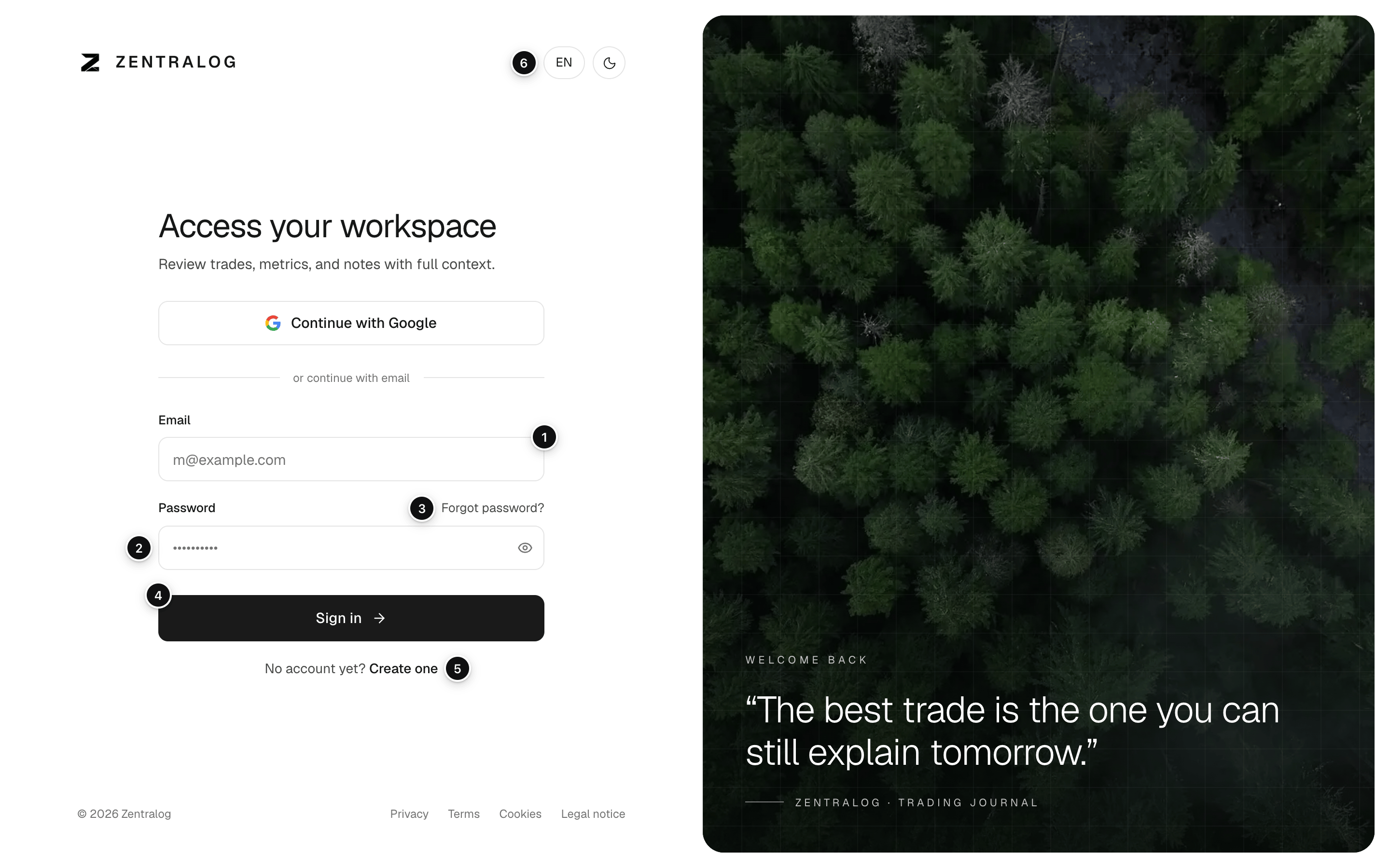 Sign-in page with email, password, Forgot password, Sign in, Create one and the language button marked
