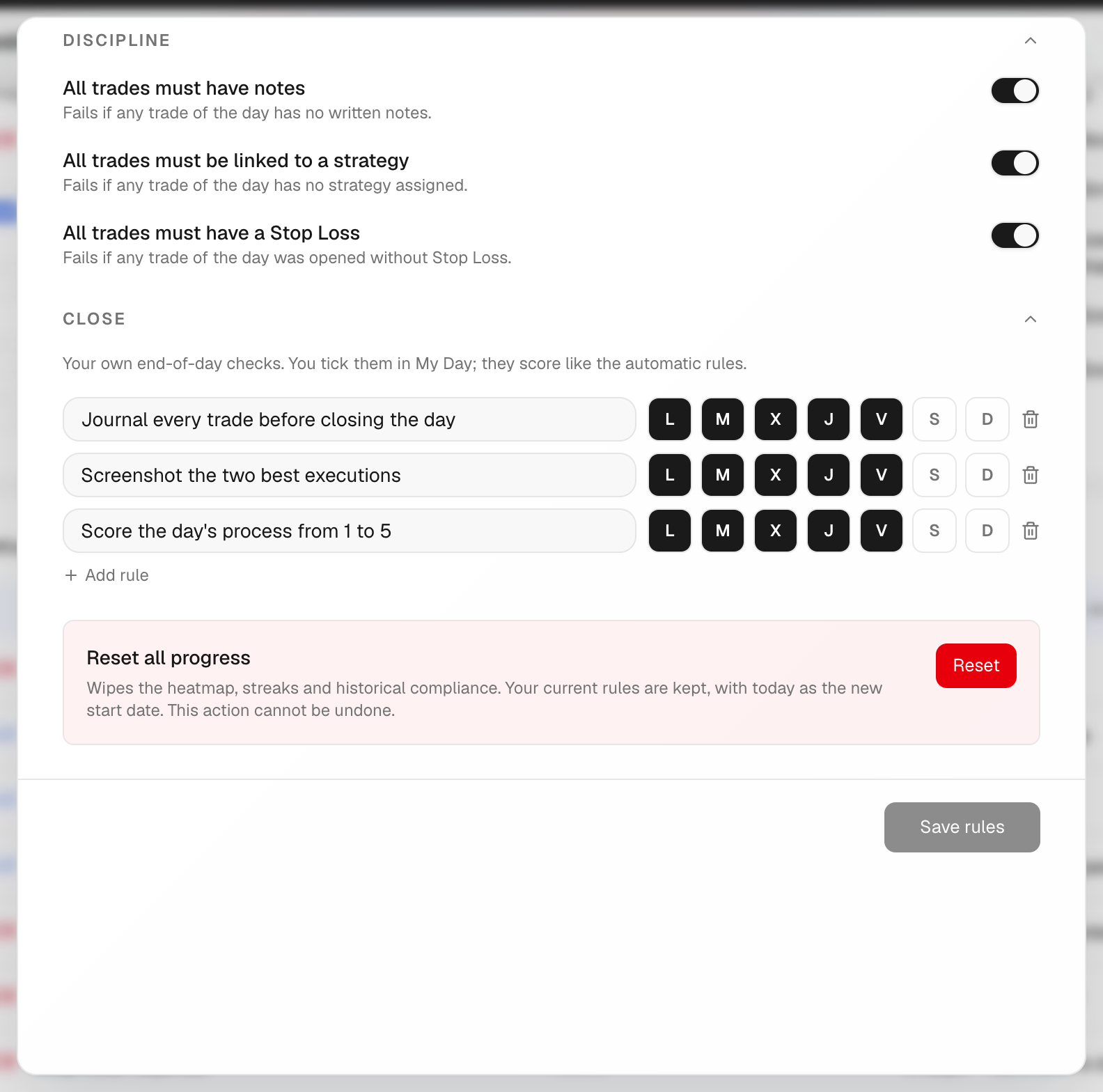 The rules editor scrolled to Discipline and Close with a custom rule