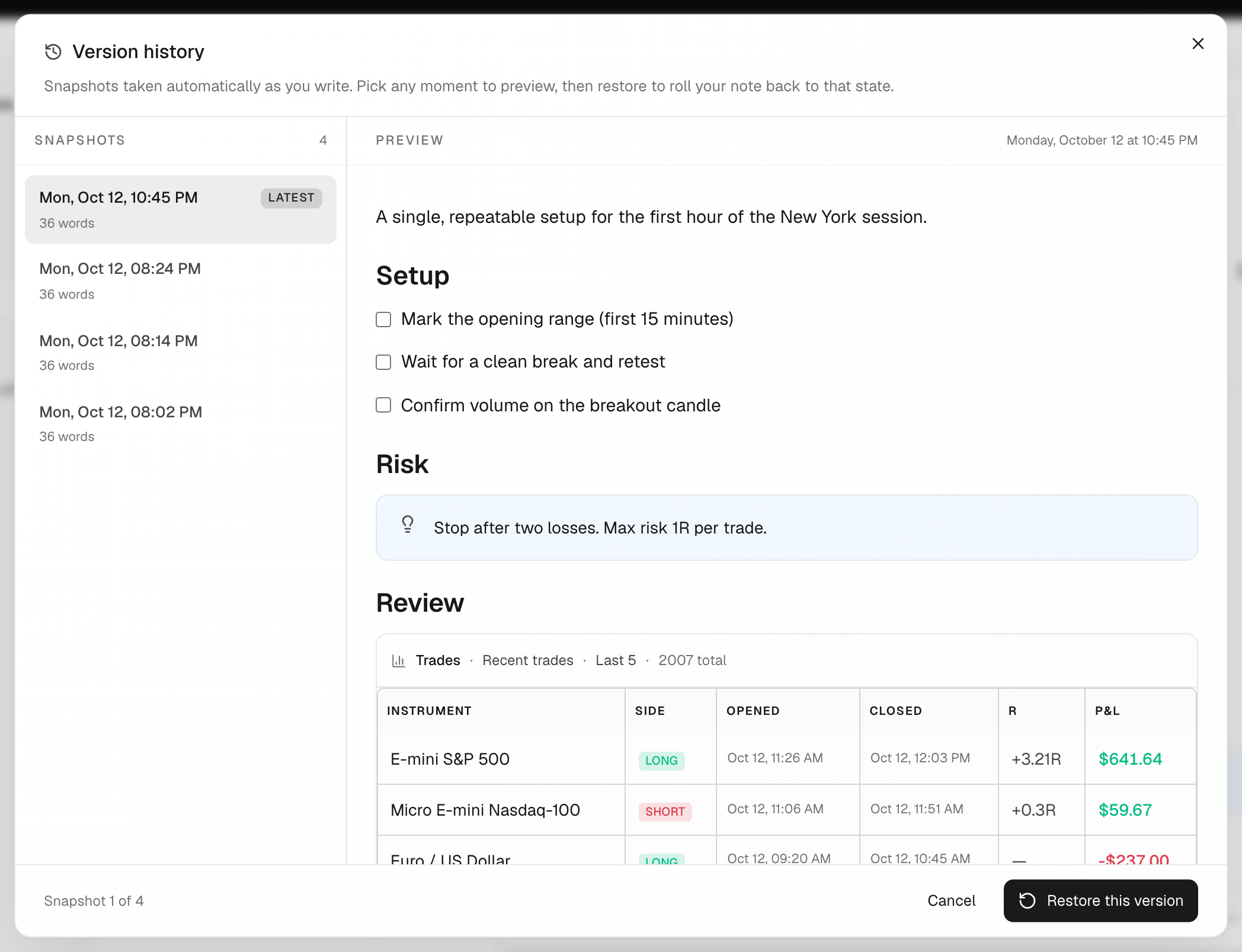 The Version history dialog with a list of snapshots and a preview