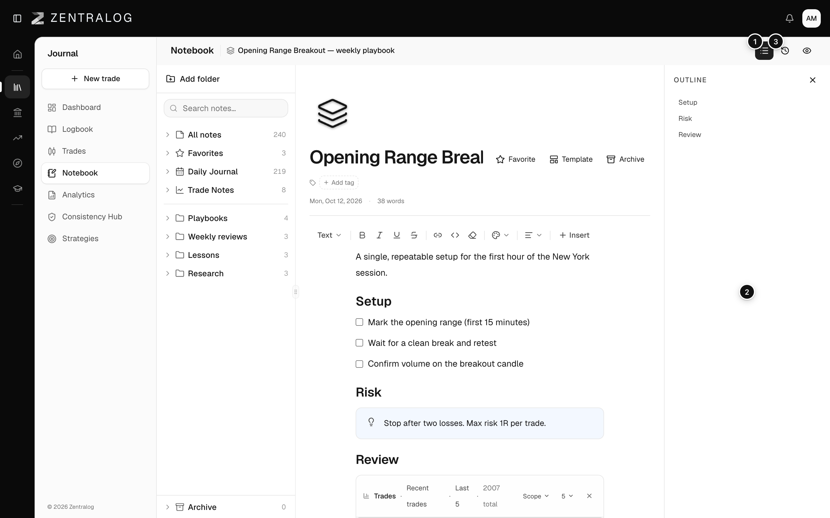 A note with the Outline panel open and the backlinks line at the bottom