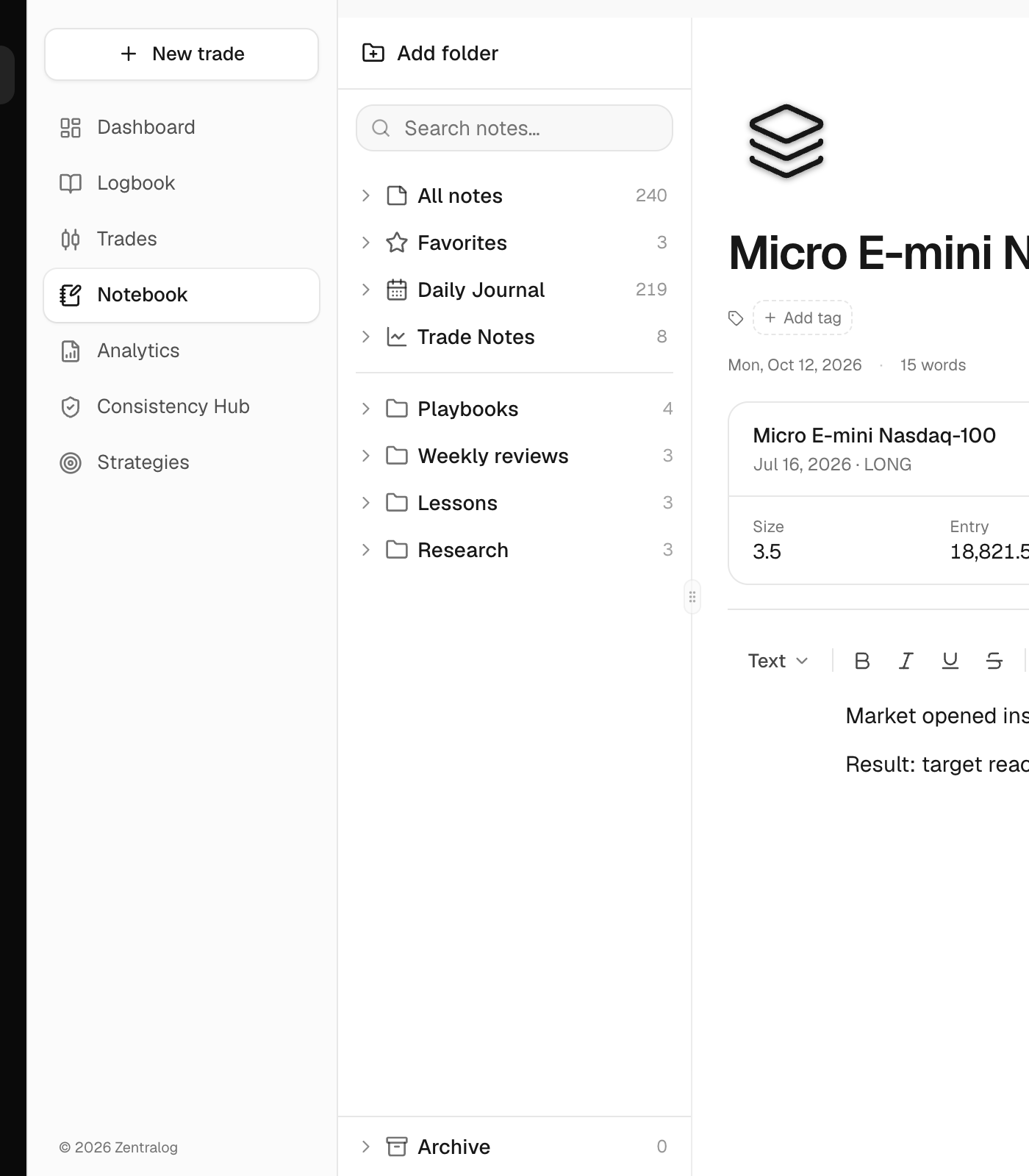 The Archive view in the Notebook sidebar