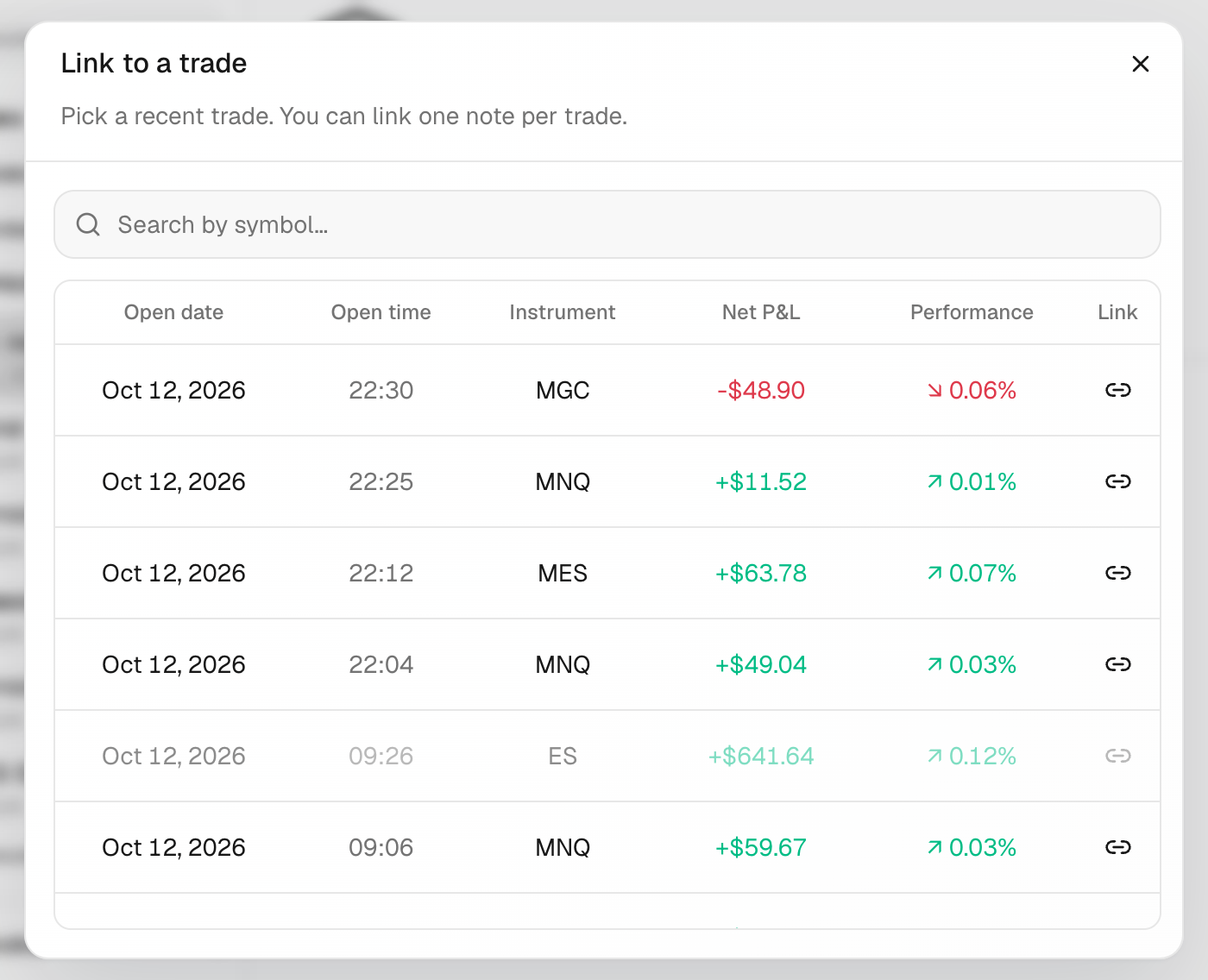 The Link to a trade dialog with the symbol search