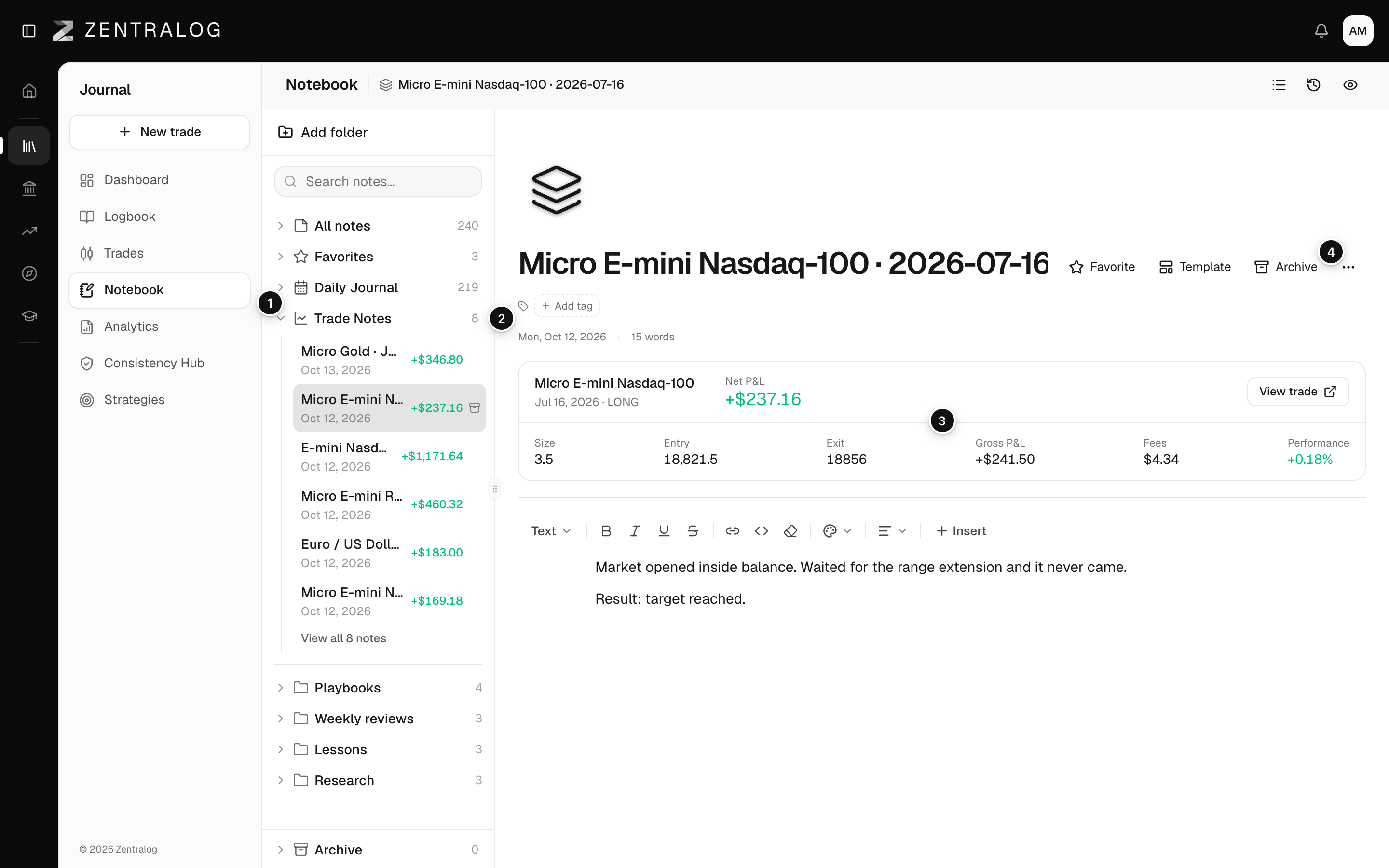 A trade note open with the trade card and review text