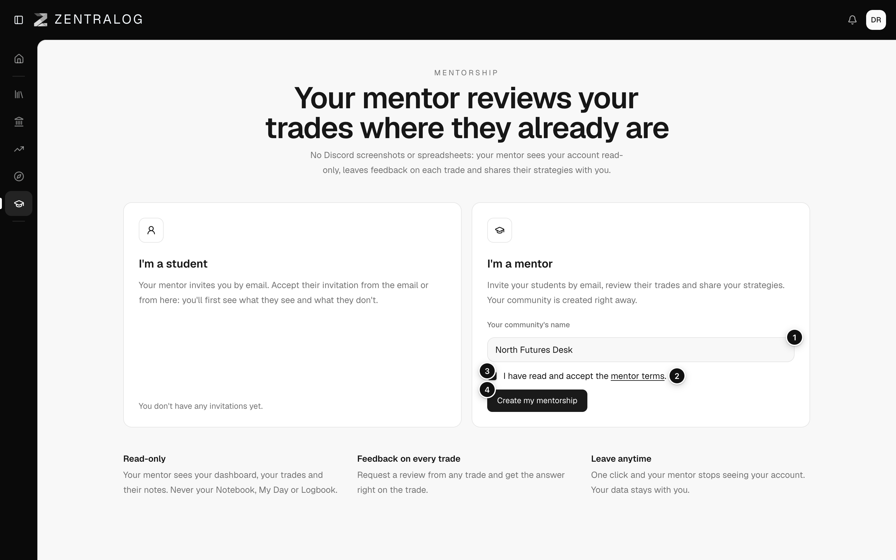 The I'm a mentor card with the community name filled in and the terms box ticked