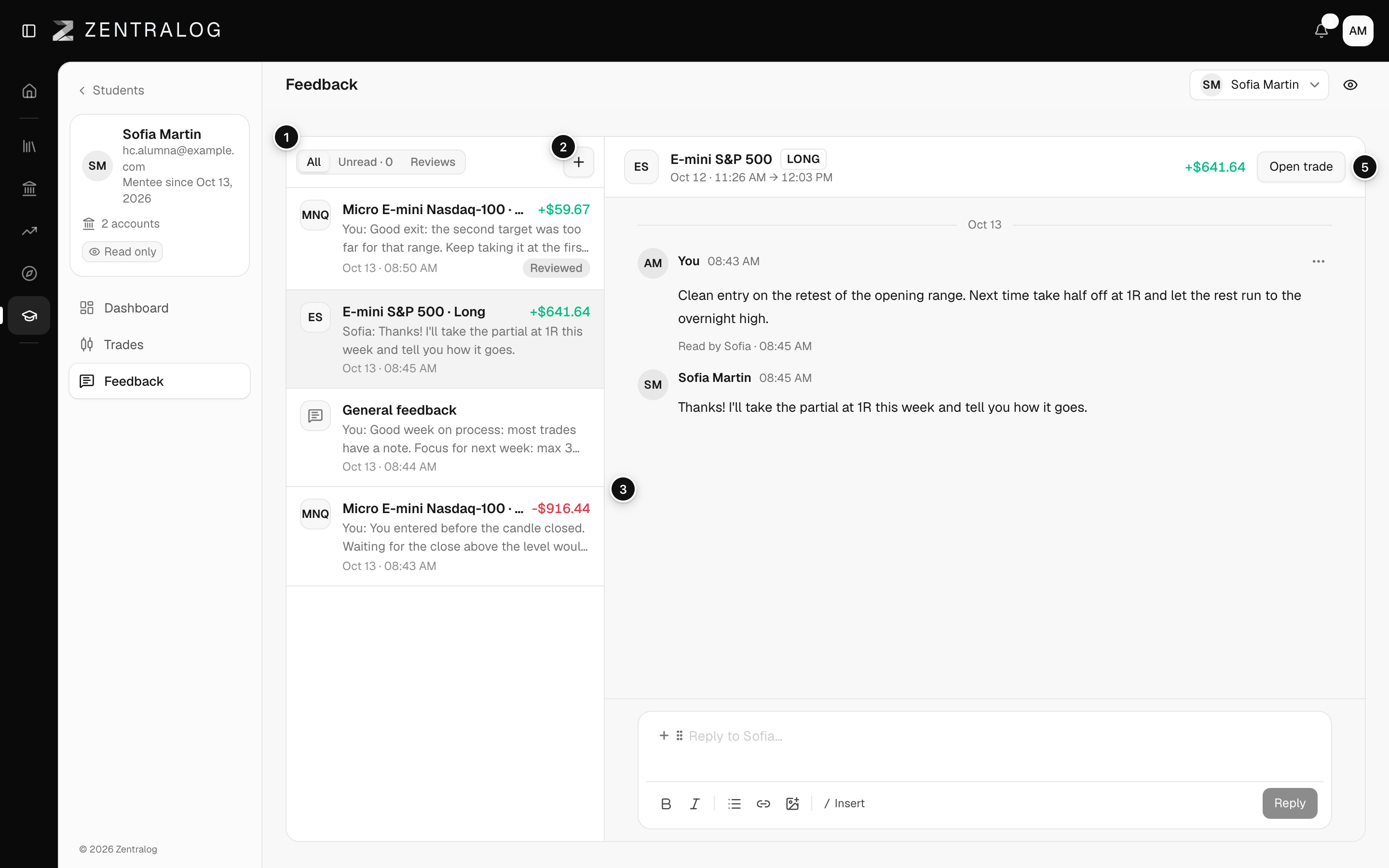 The Feedback tab of a student with the list of threads and one thread open