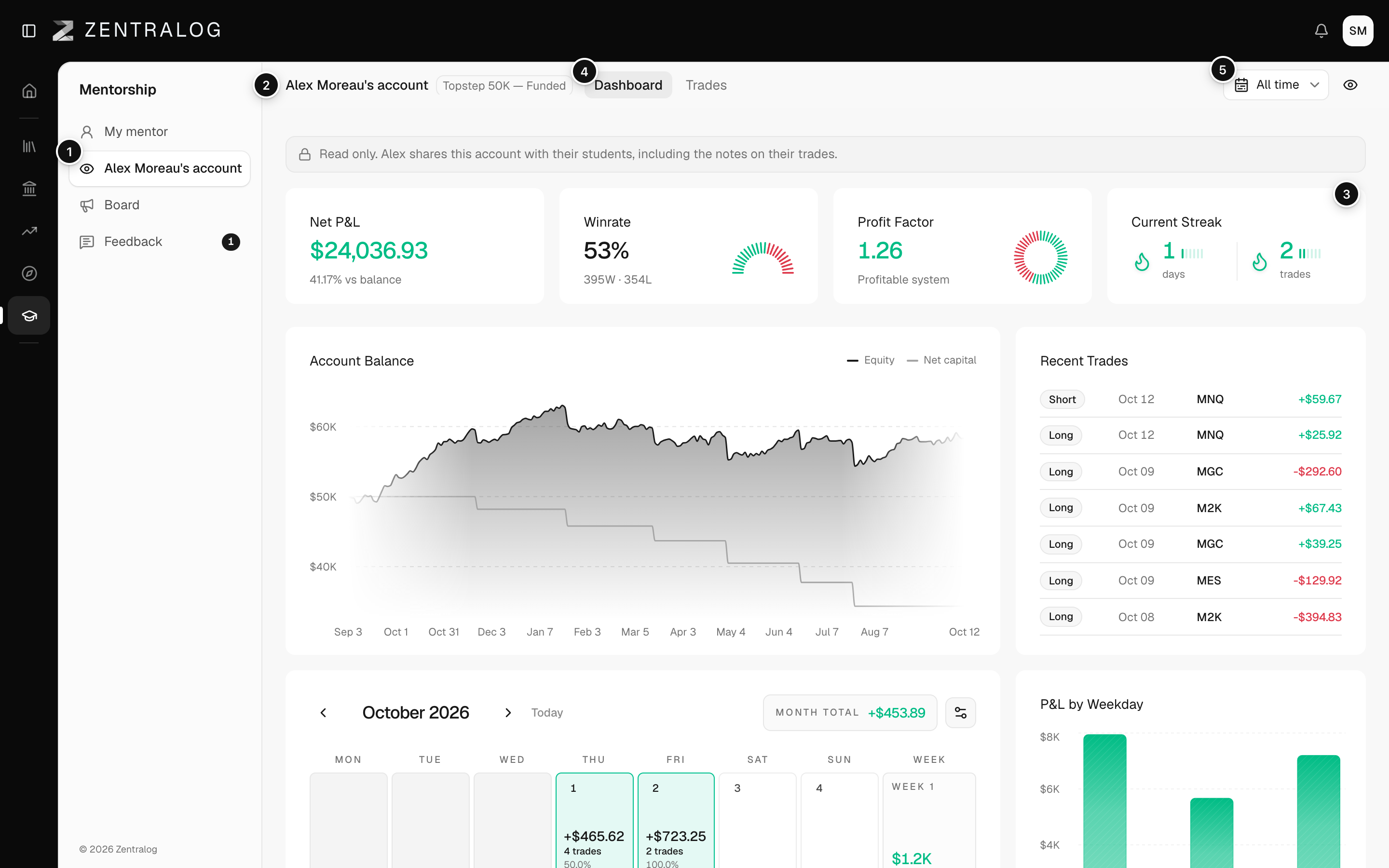 Your mentor's shared account with the read-only notice, the tabs and the dashboard