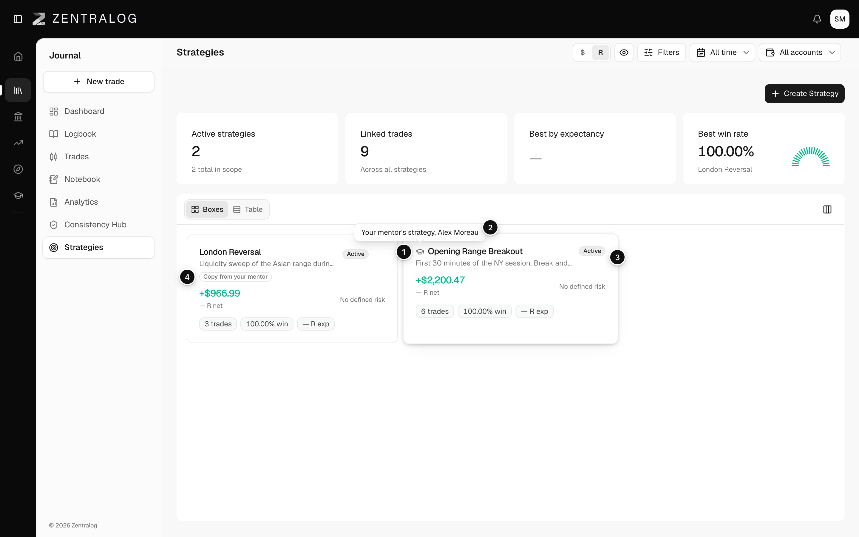Strategies page with a strategy from the mentor marked with the graduation cap icon and its tooltip