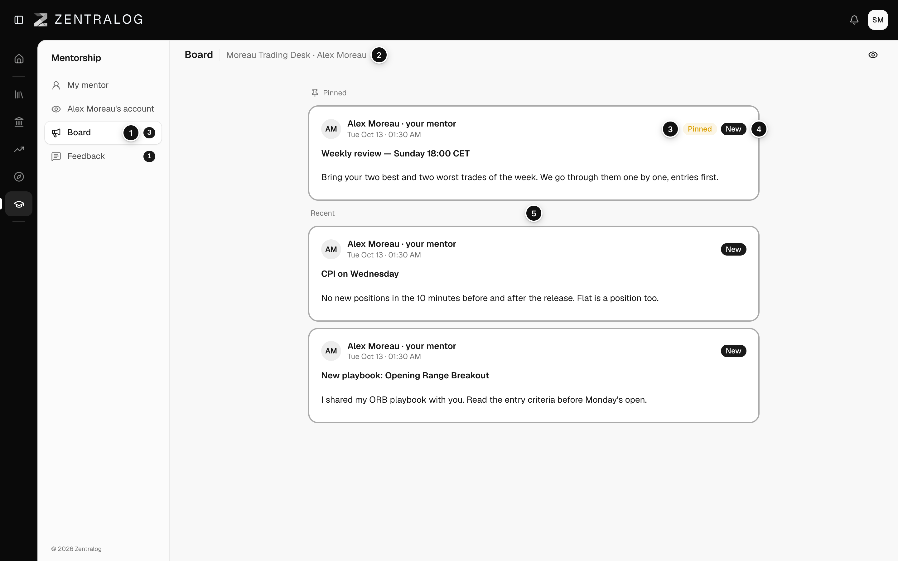 Board page with the unread badge, a pinned notice and recent notices marked New