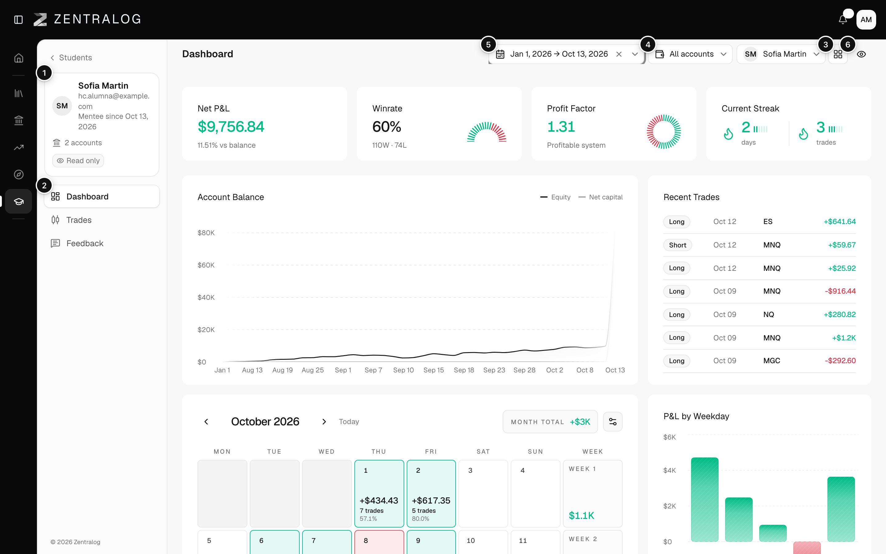 A student's dashboard seen by the mentor, with the student card on the left and the pickers at the top