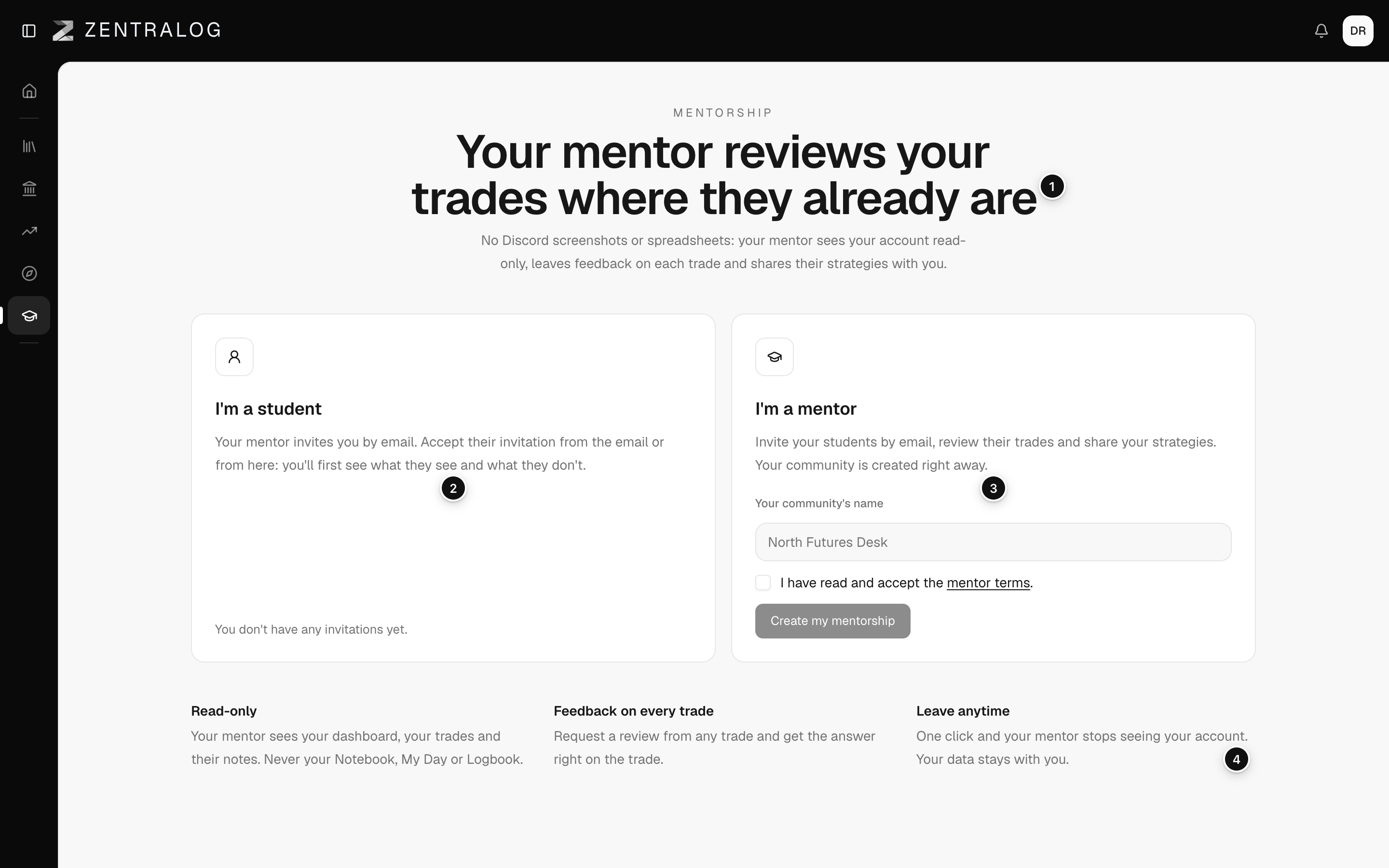 The Mentorship page with the student card, the mentor card and the three key points