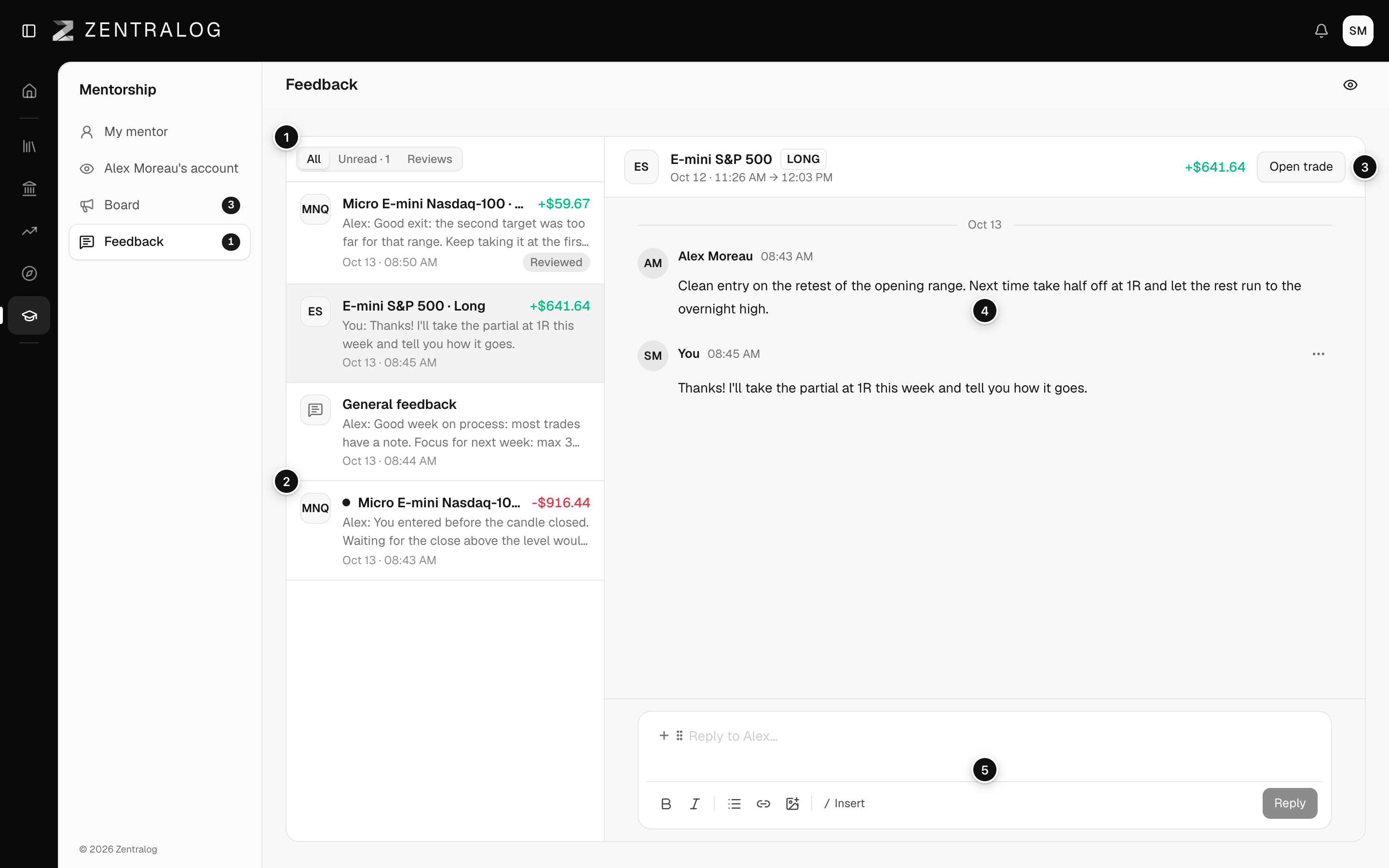 Feedback inbox with filters, the thread list and an open trade thread with the reply box