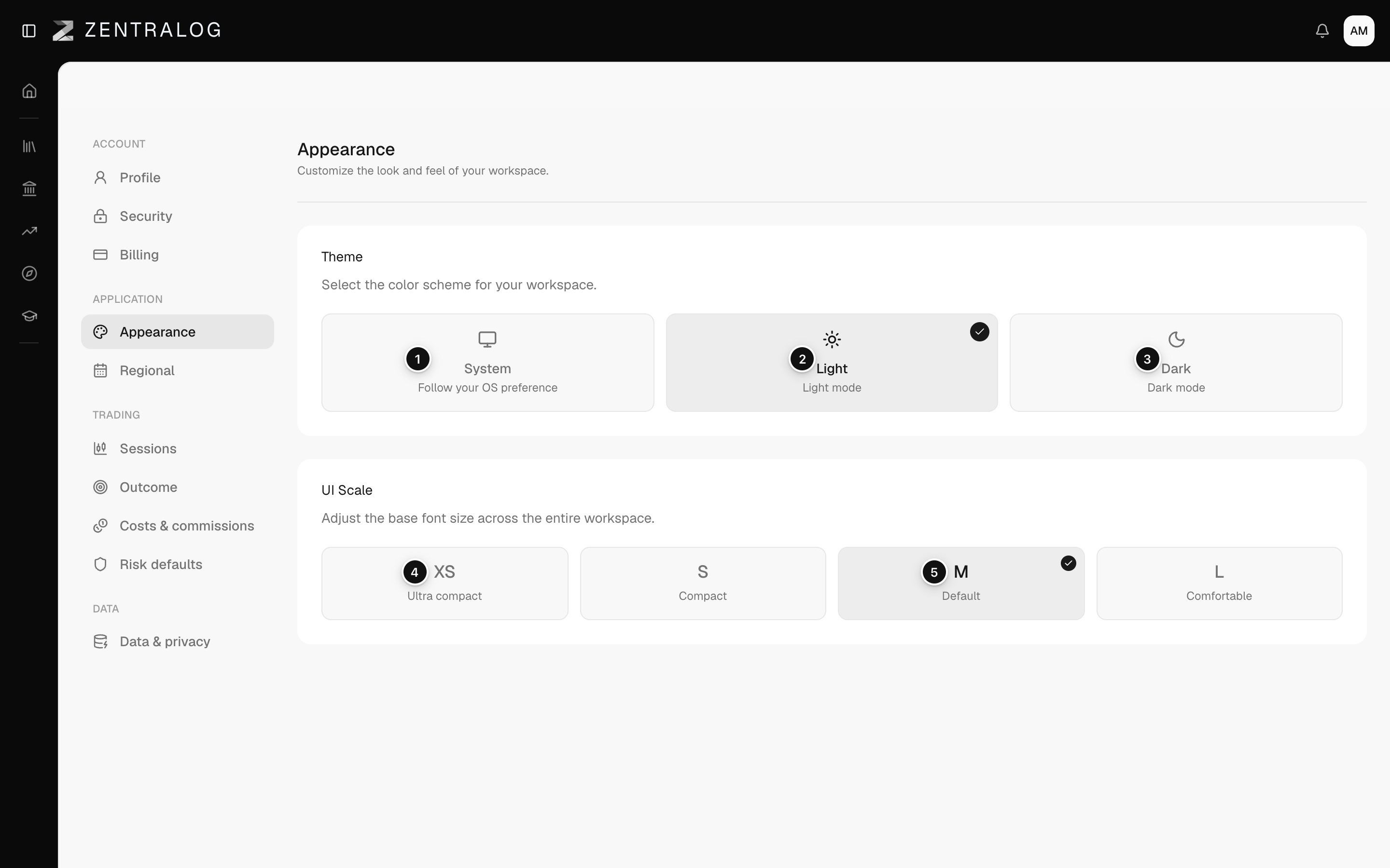 Appearance page with Theme set to Light and UI Scale set to M