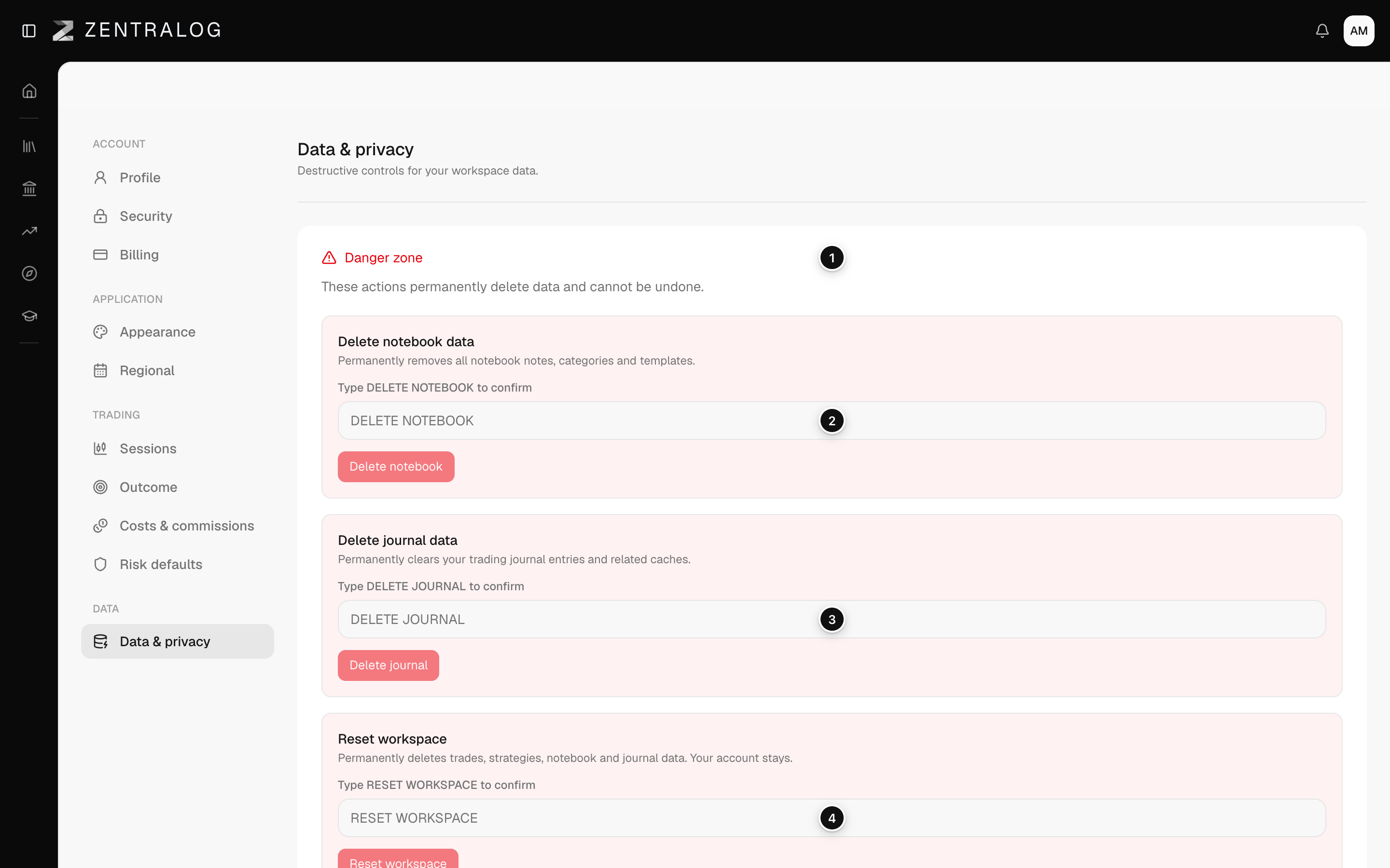 Data and privacy page with the Danger zone and three empty confirmation fields