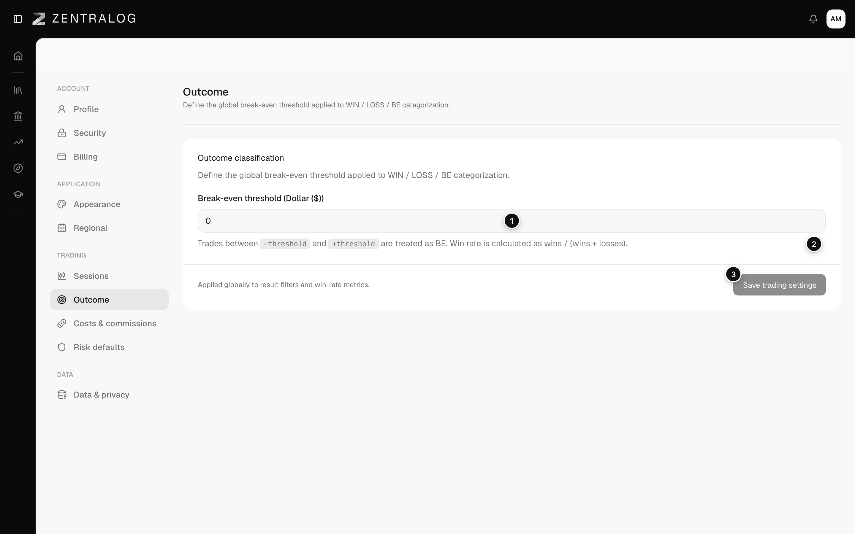 Outcome page with the break-even threshold field and its help text