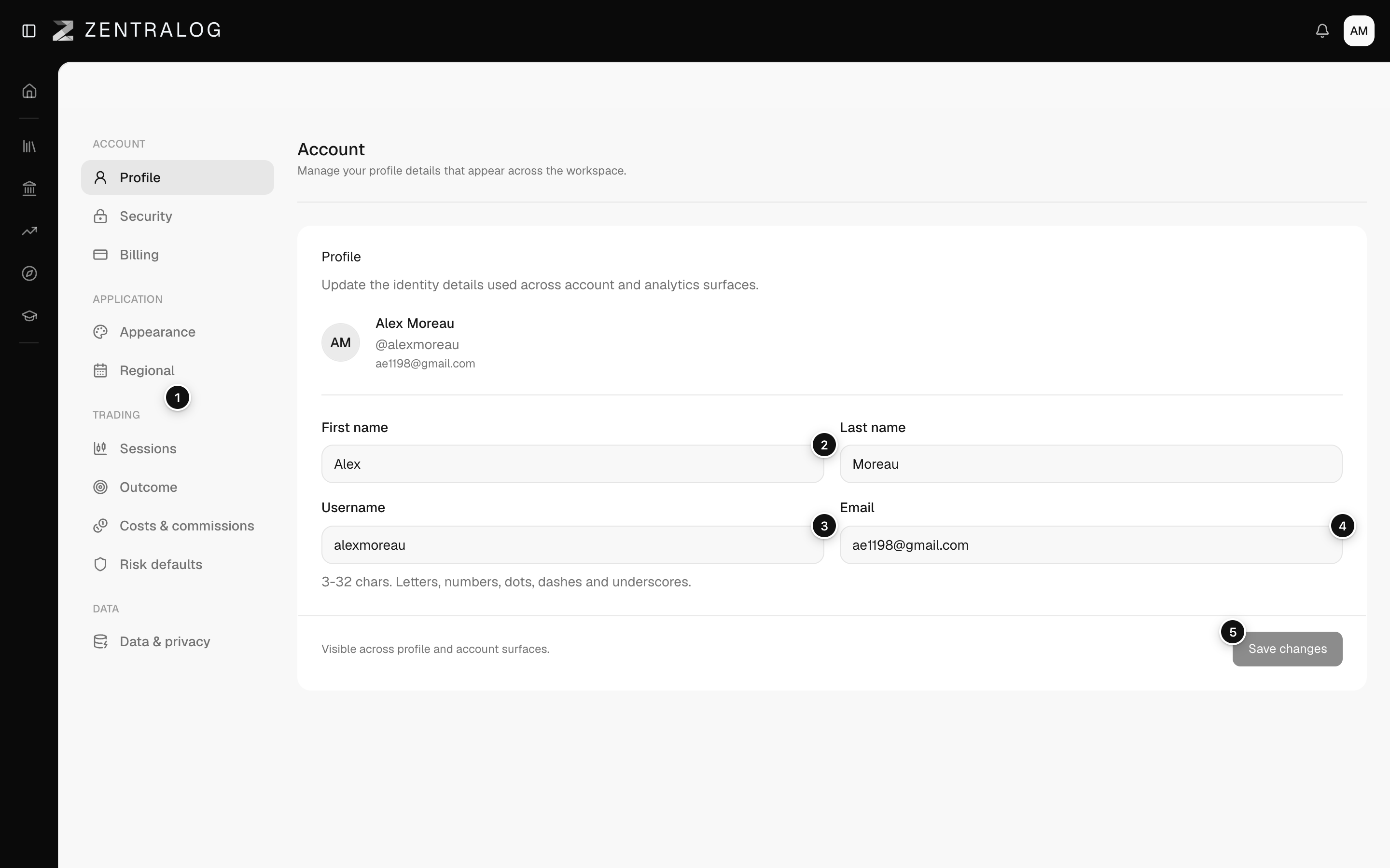 Settings Profile page with the grouped sidebar and the profile form