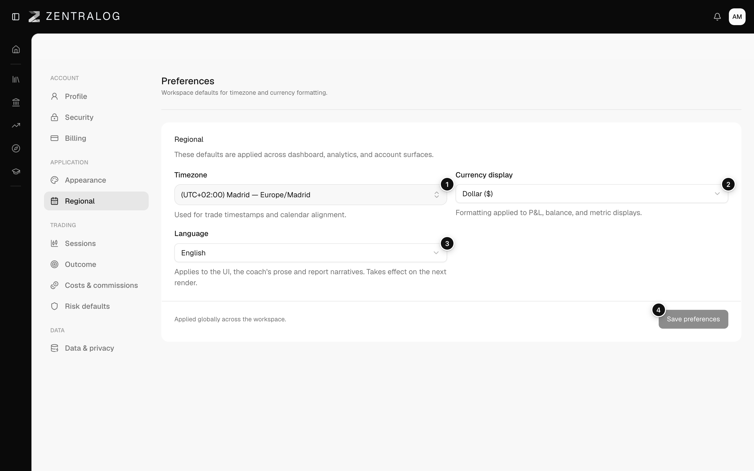 Regional page with the Timezone, Currency display and Language fields