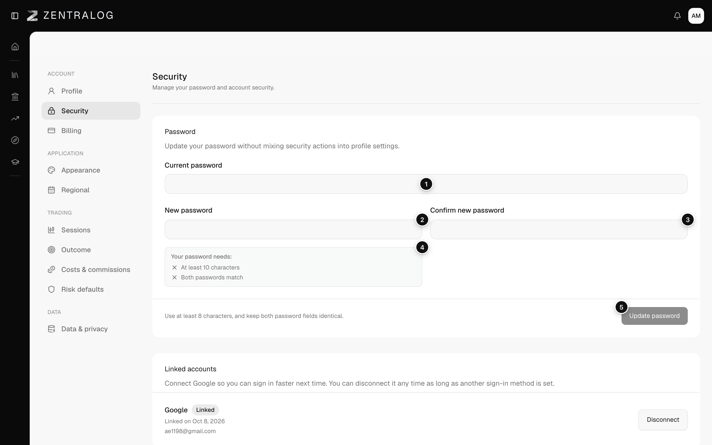 Security page with the password form and the requirements list