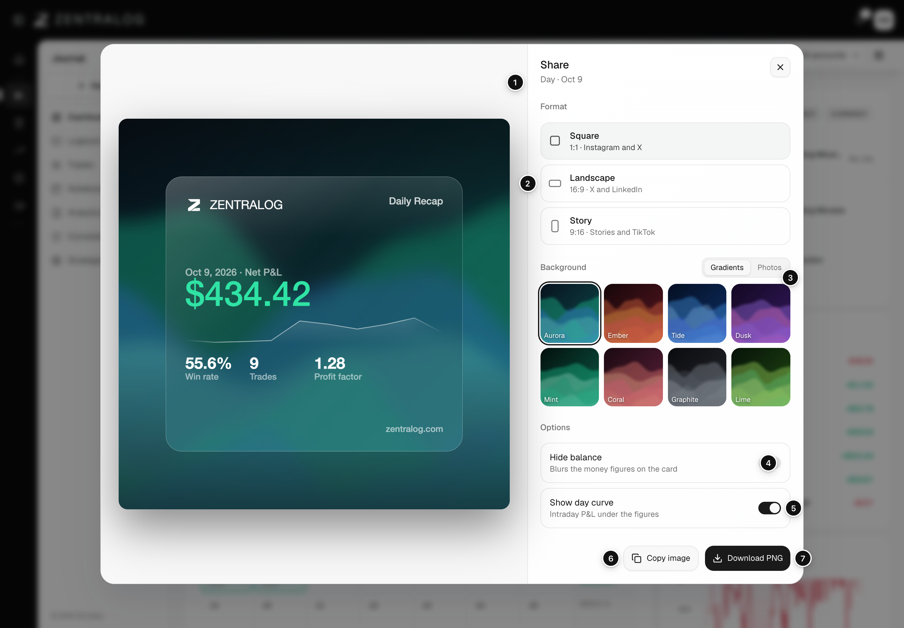 Share dialog for a day with the preview, format cards, background tabs, options and the copy and download buttons