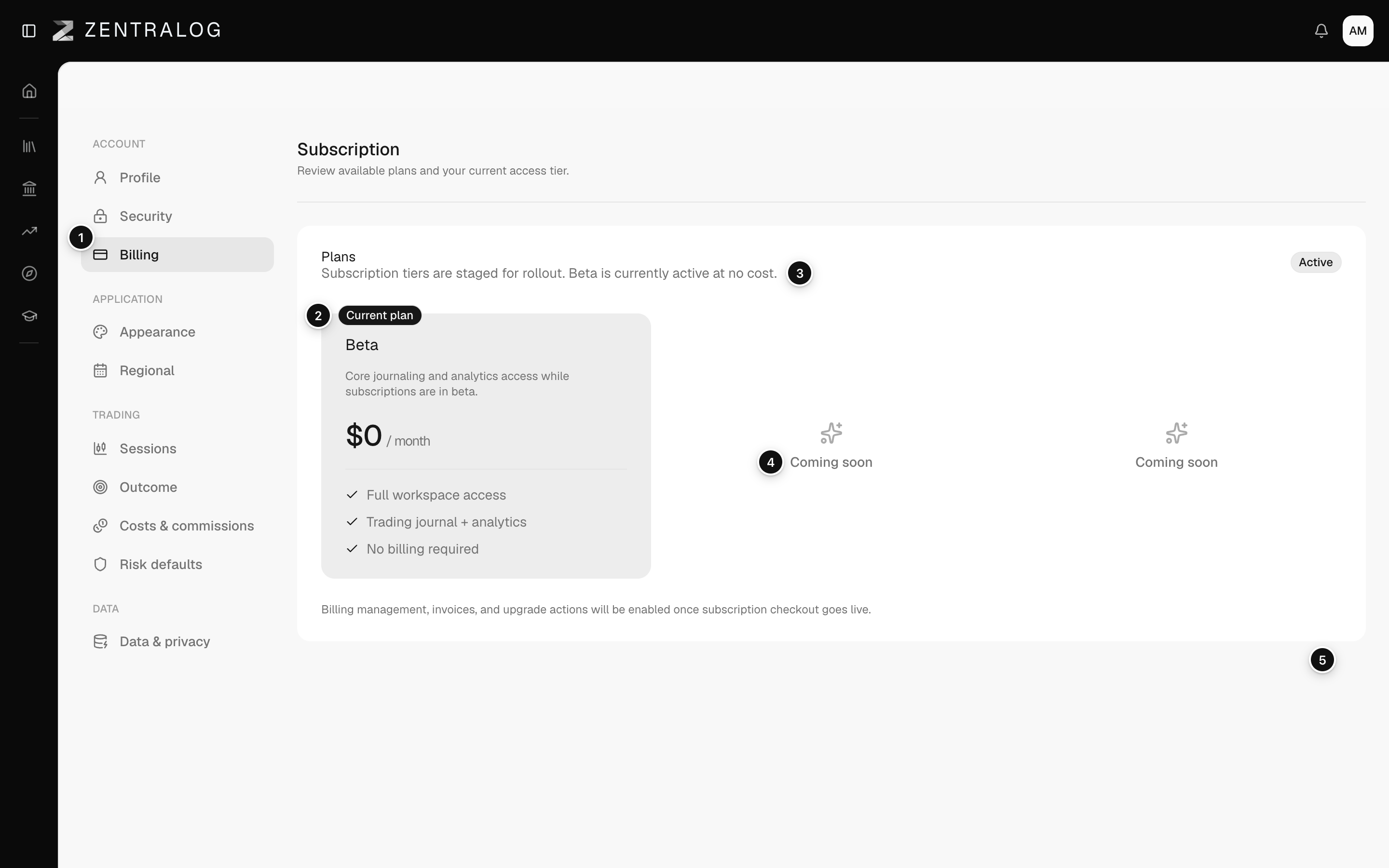 Billing page with the Beta plan marked Current plan and two Coming soon cards
