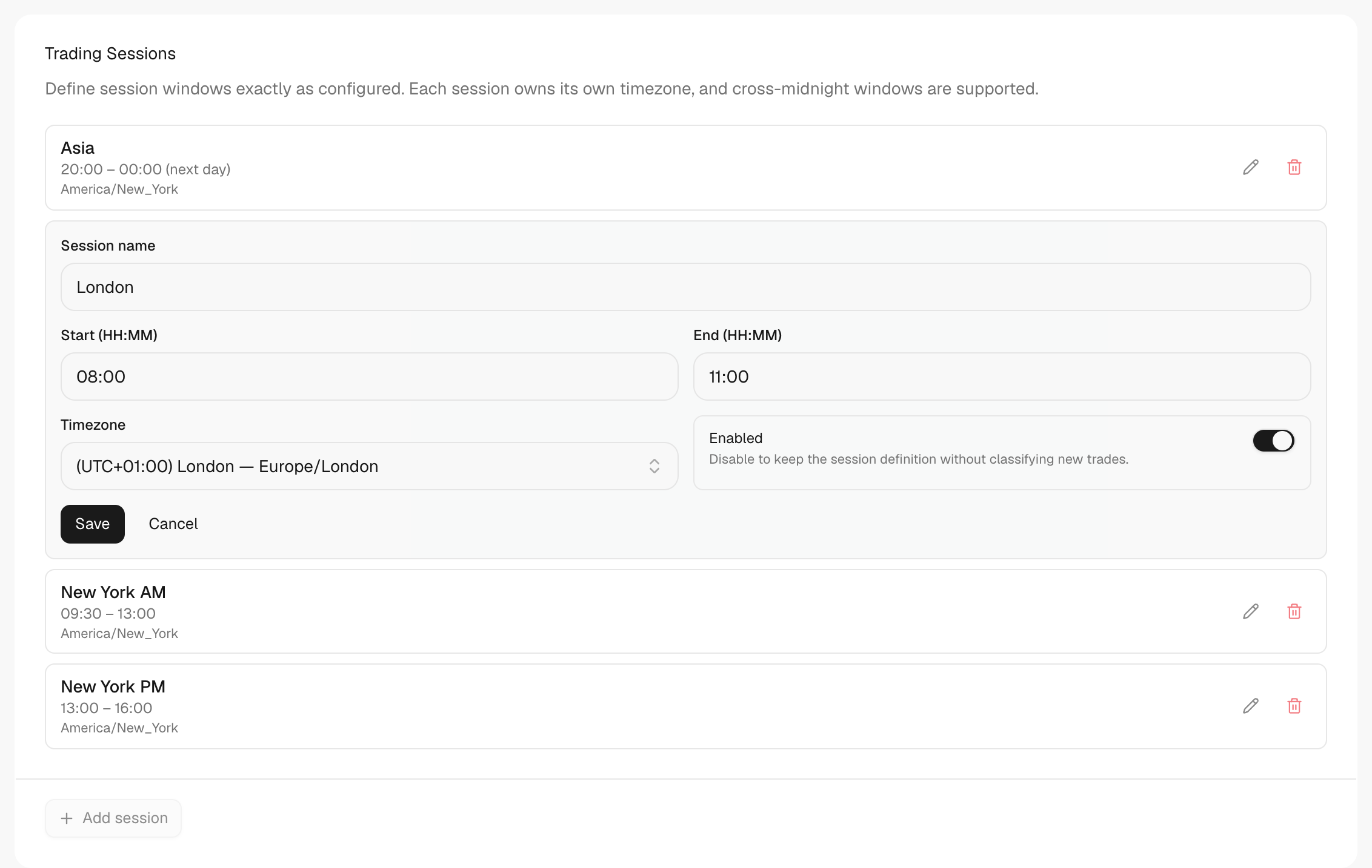 Session form in edit mode with name, start, end, timezone and Enabled