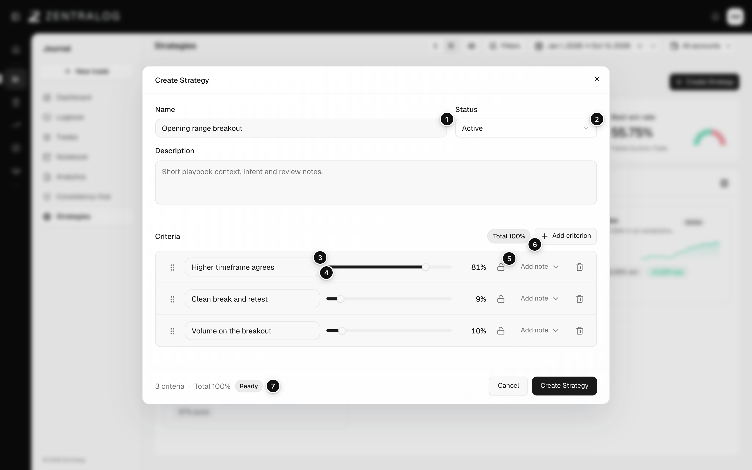 Create Strategy dialog with three weighted criteria