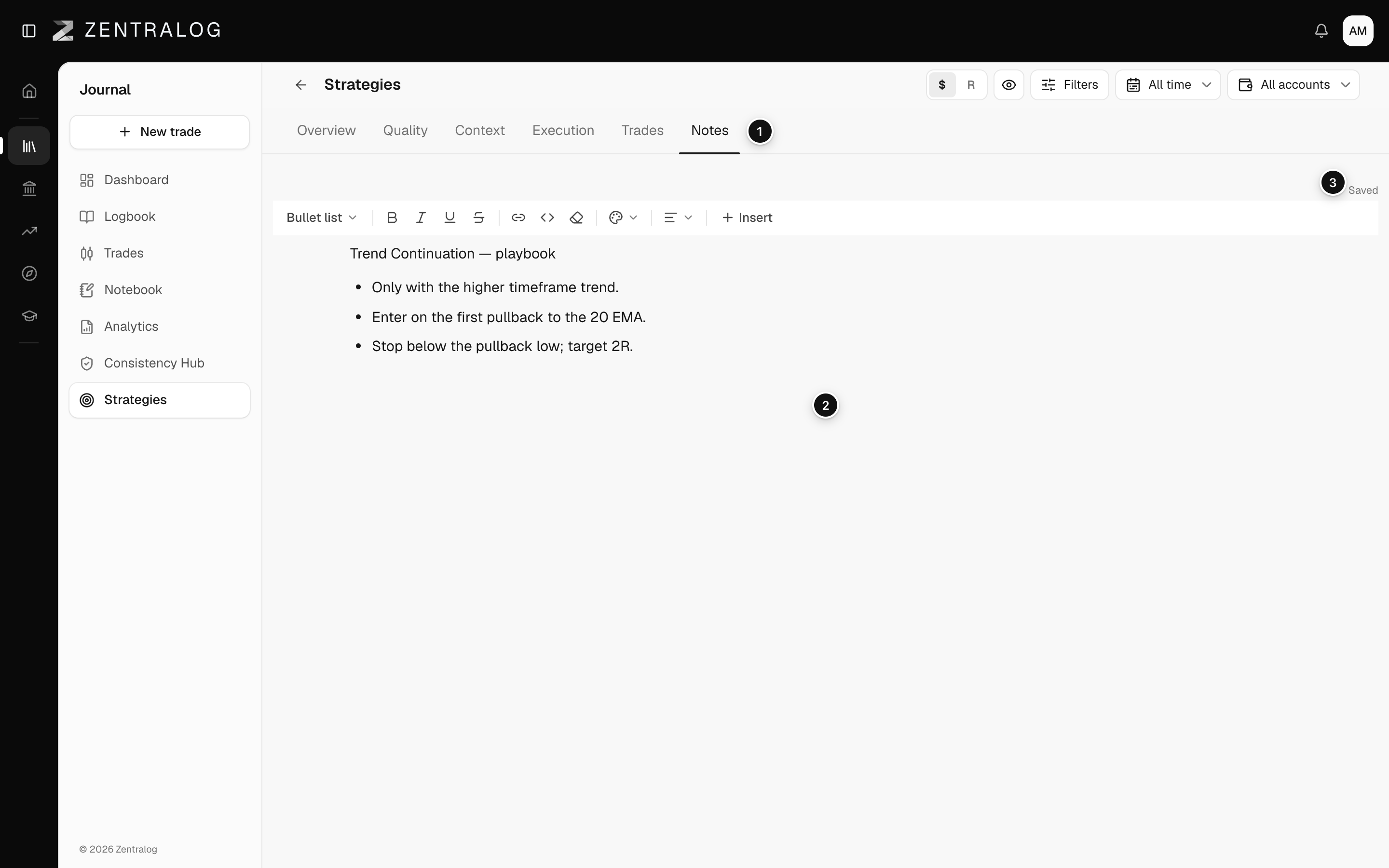Notes tab of a strategy with a written playbook
