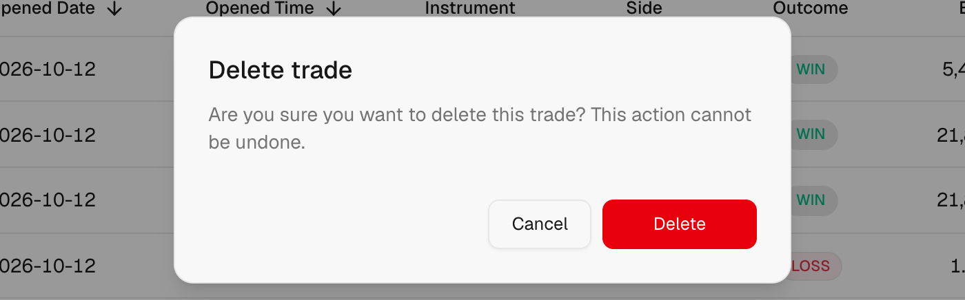 Delete trade confirmation dialog with Cancel and Delete