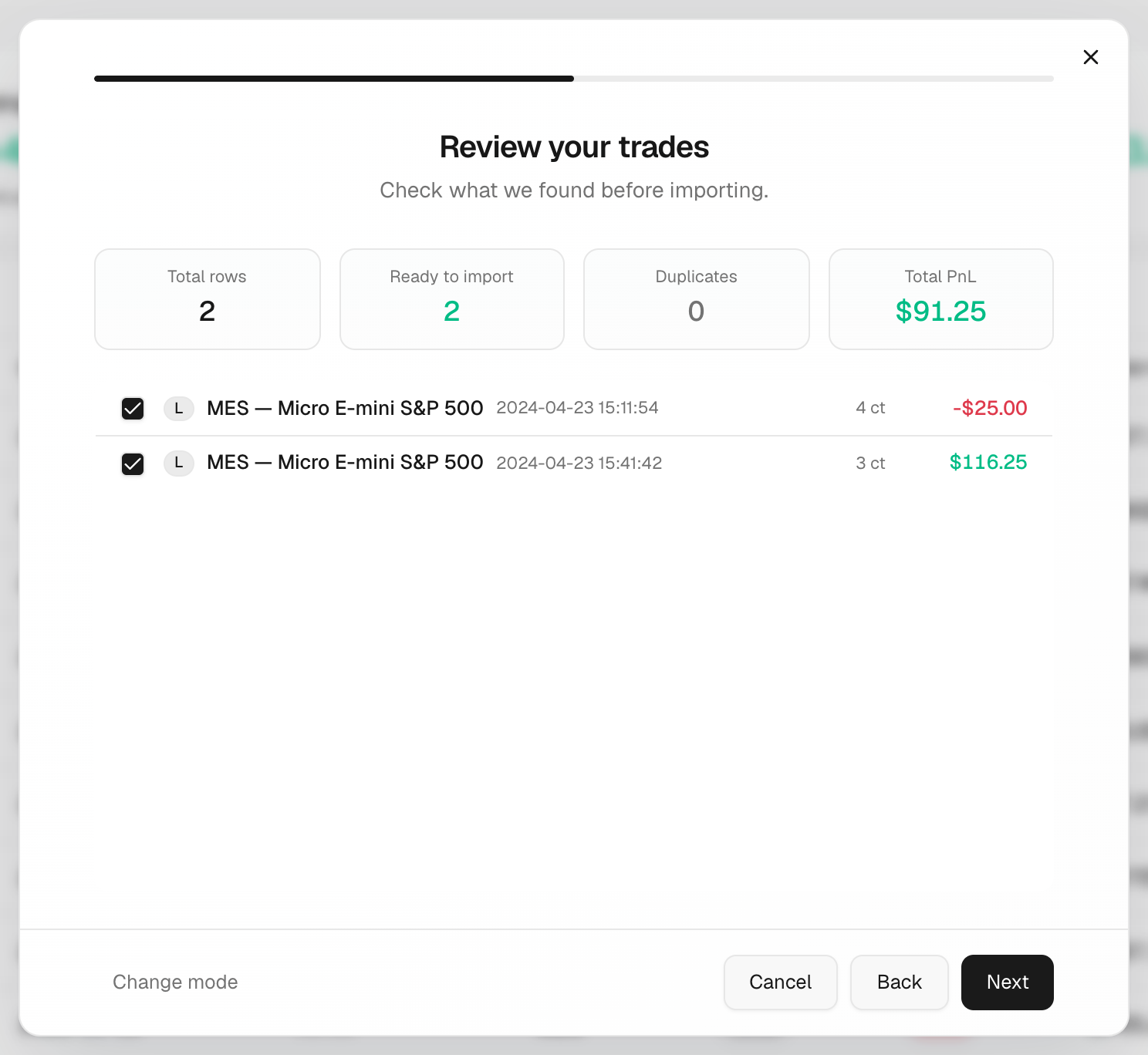 Review step with Total rows, Ready to import, Duplicates and Total PnL
