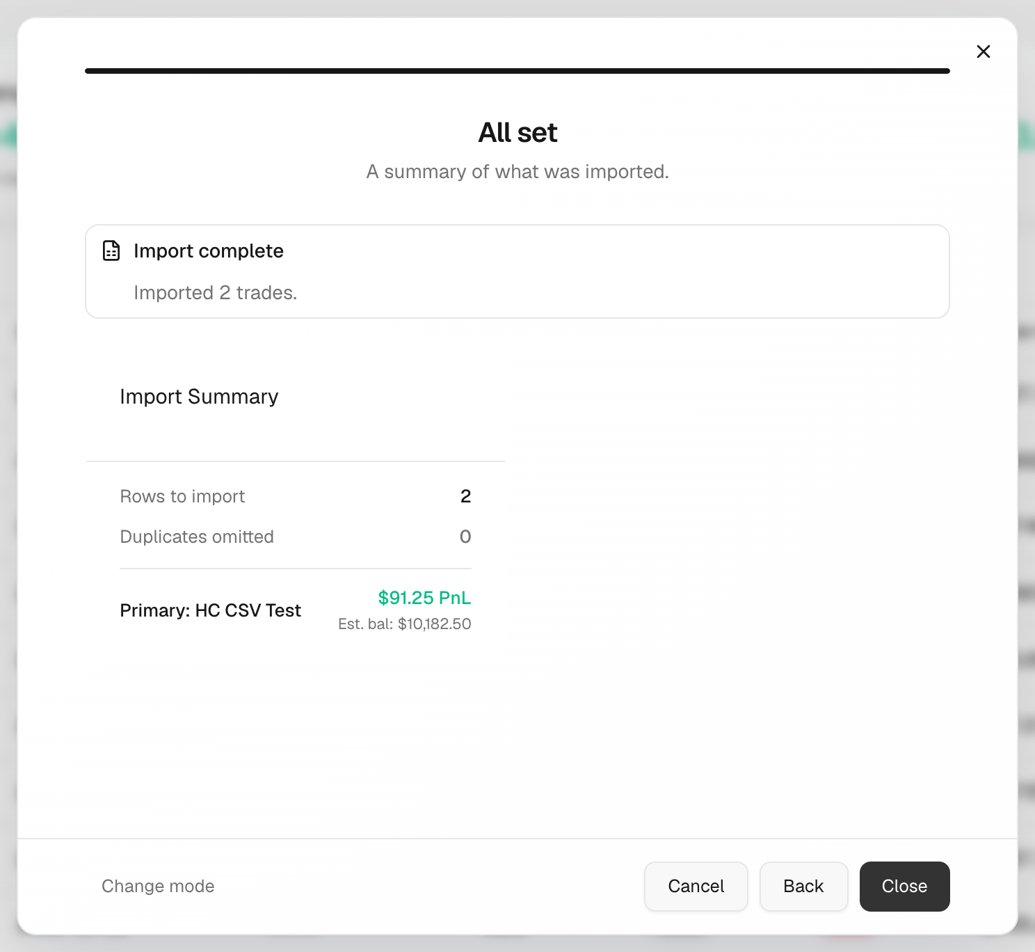 Import complete with imported trades, skipped duplicates and failed rows