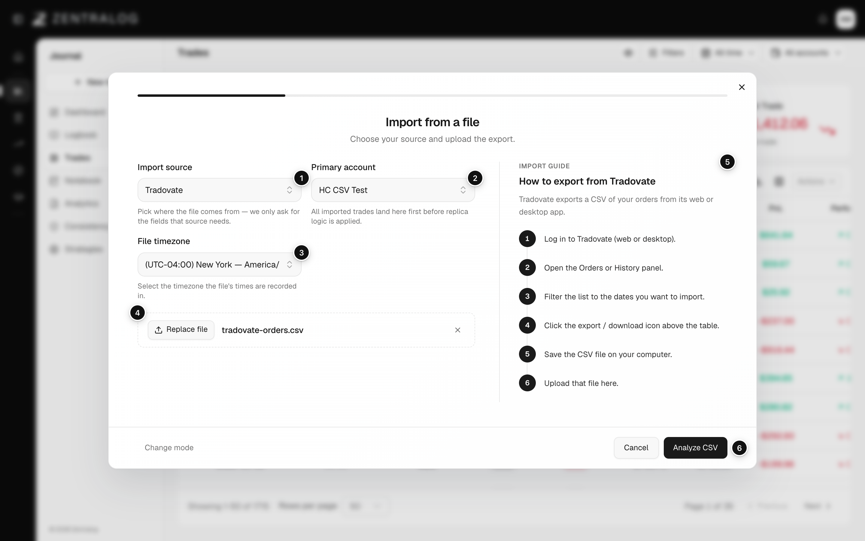 CSV import step 1 with numbered markers on source, account, timezone, file, guide and Analyze CSV