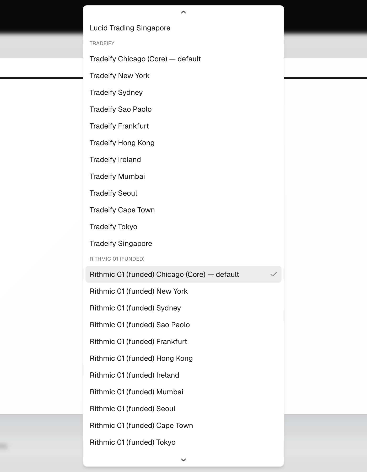 The Server list open in the Rithmic step