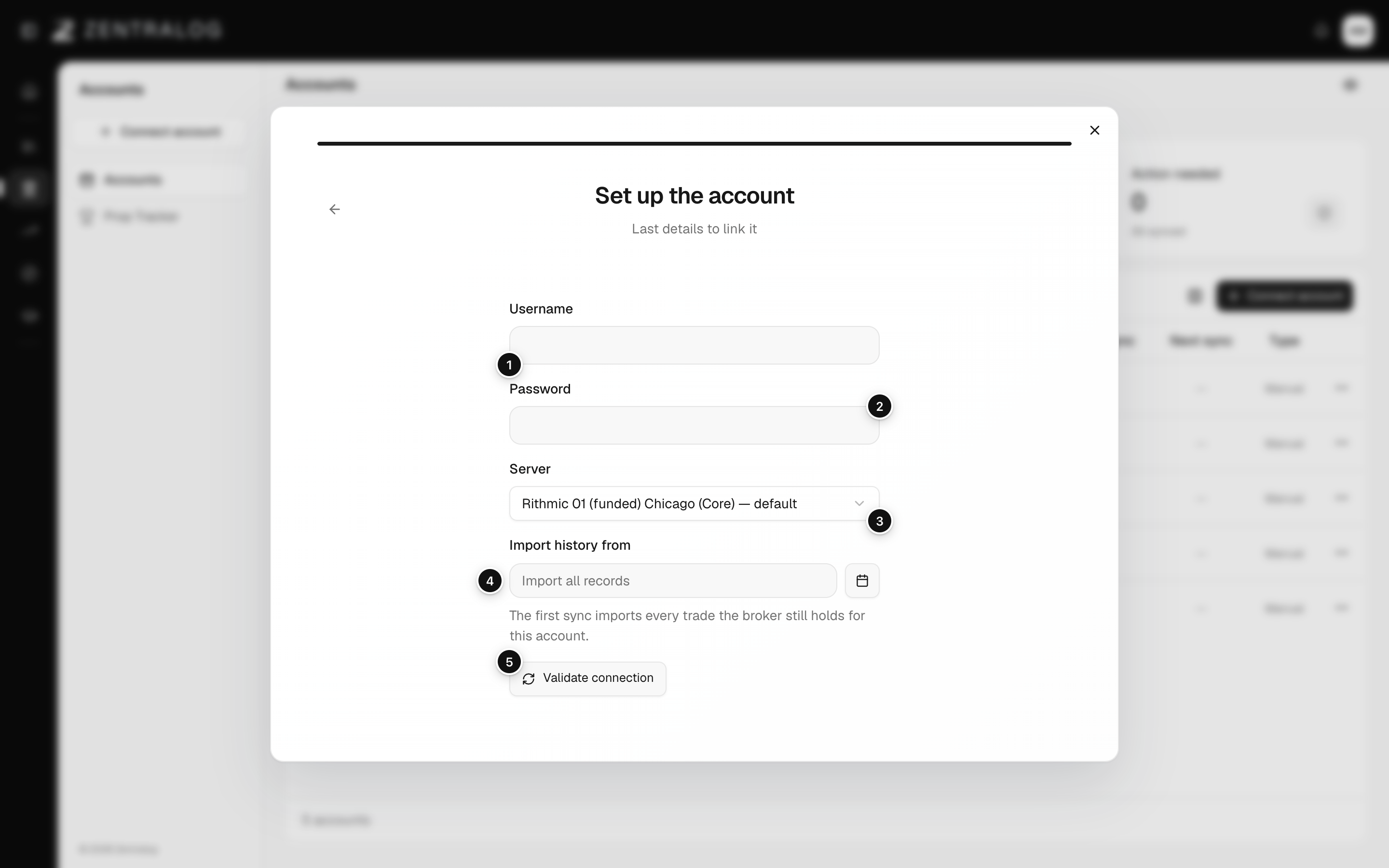 The Rithmic setup step with Username, Password, Server, Import history from and Validate connection