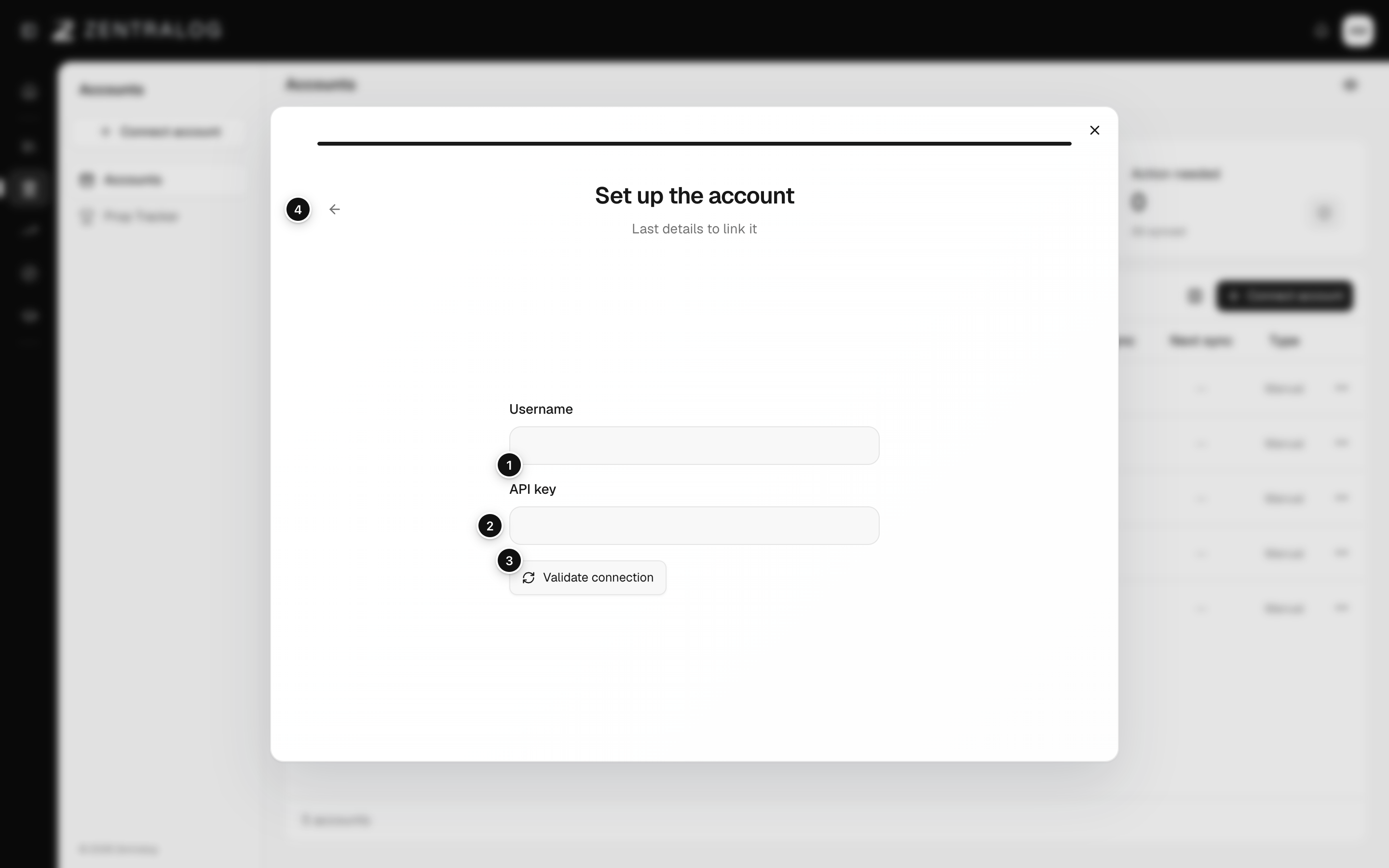 The TopstepX setup step with Username and API key fields and a Validate connection button