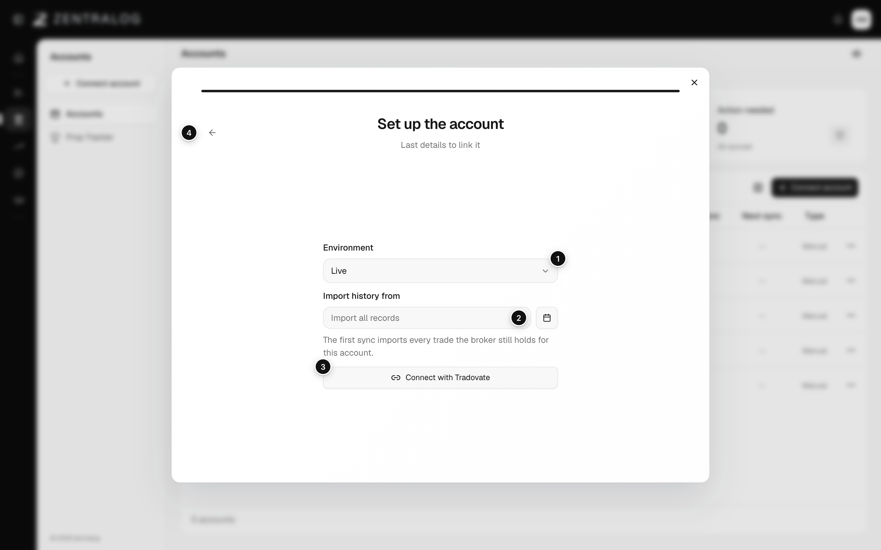 The Tradovate setup step with Environment, Import history from and Connect with Tradovate