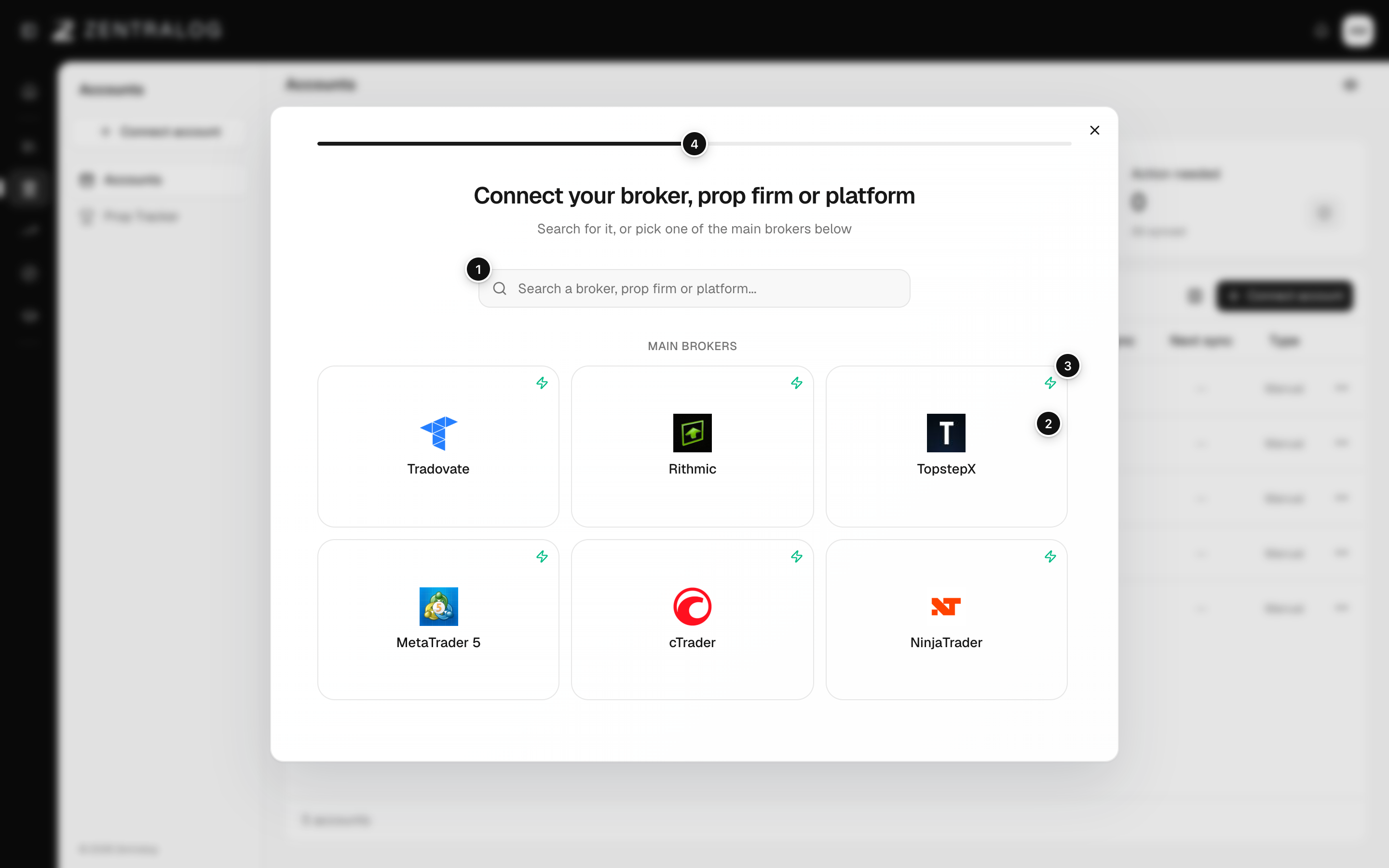 The Connect account window on its first step, with a search box and a grid of main brokers