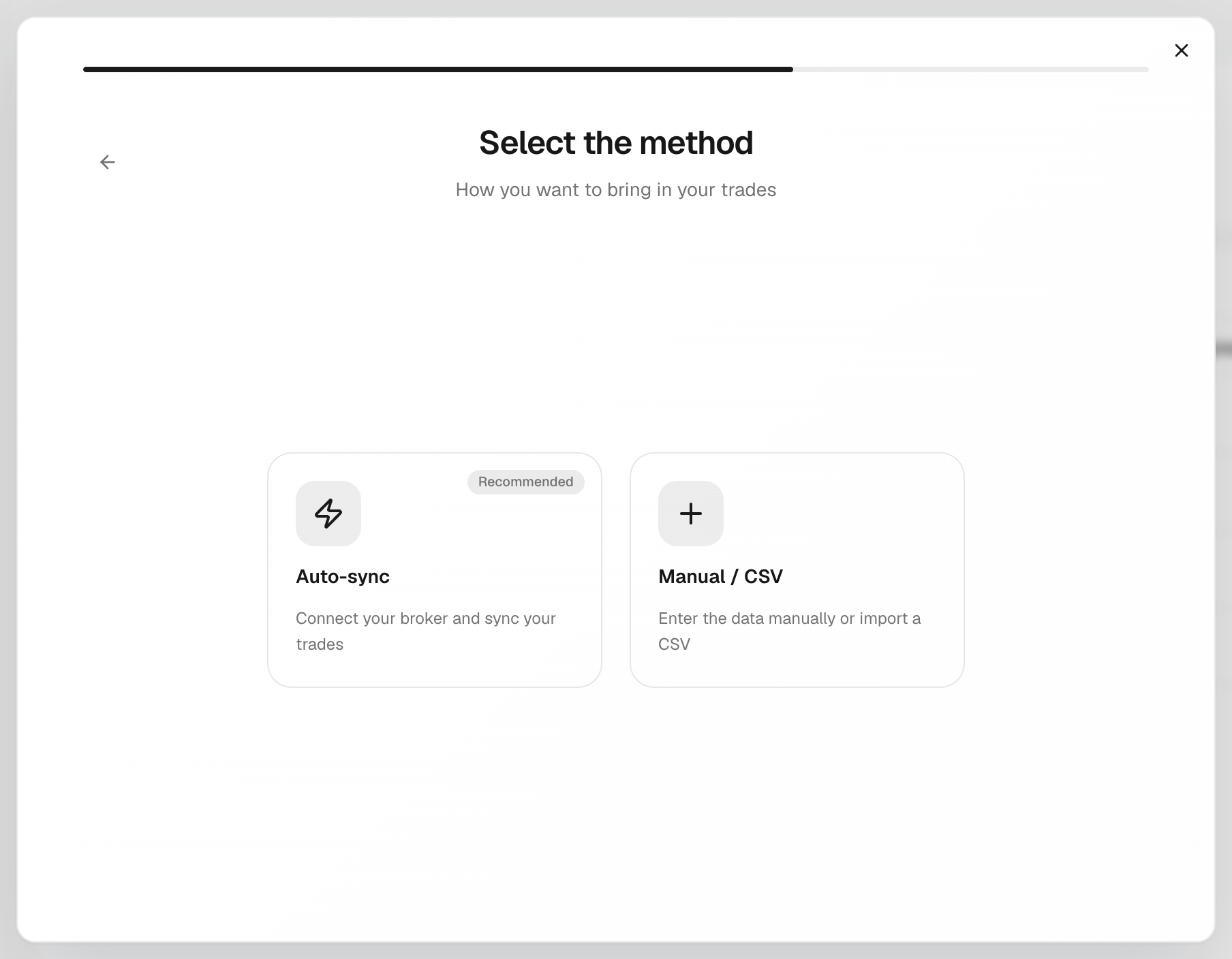 The Manual / CSV card on the Select the method step
