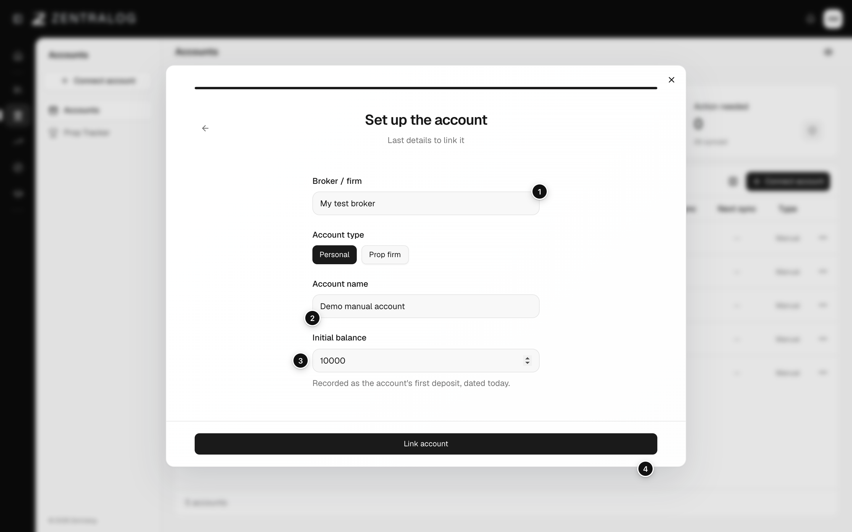 The Set up the account step with Broker / firm, Account name, Initial balance and Link account