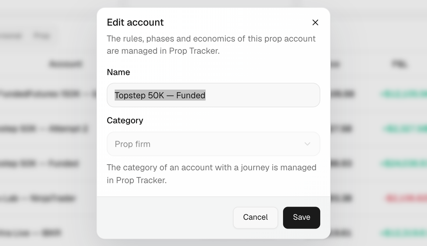 The Edit account window with Name, Category and Prop firm