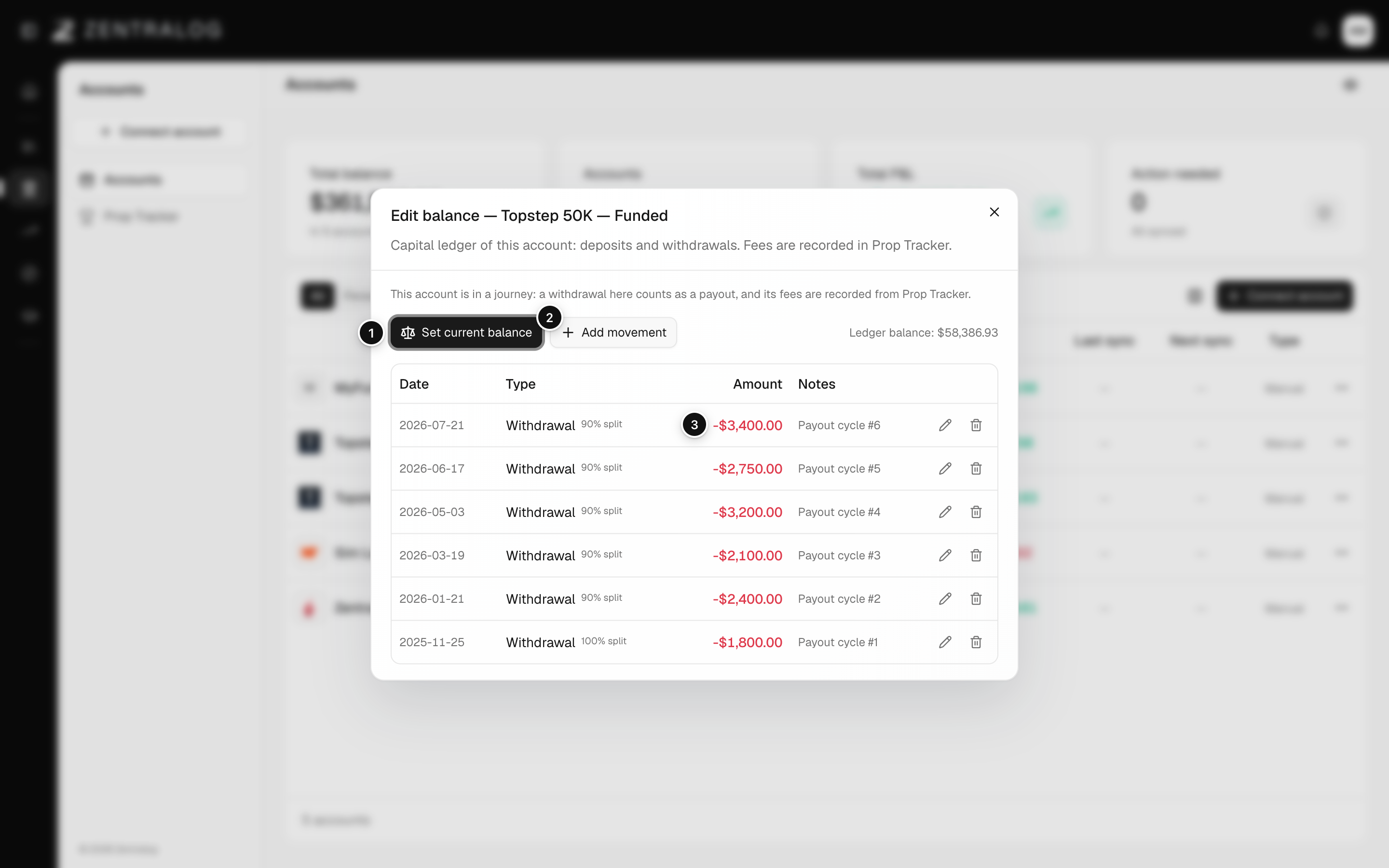 The Edit balance window with Set current balance, Add movement and the list of movements
