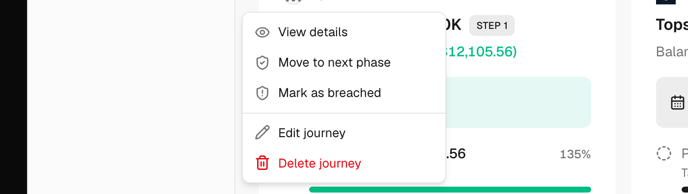 The Journey actions menu of a card
