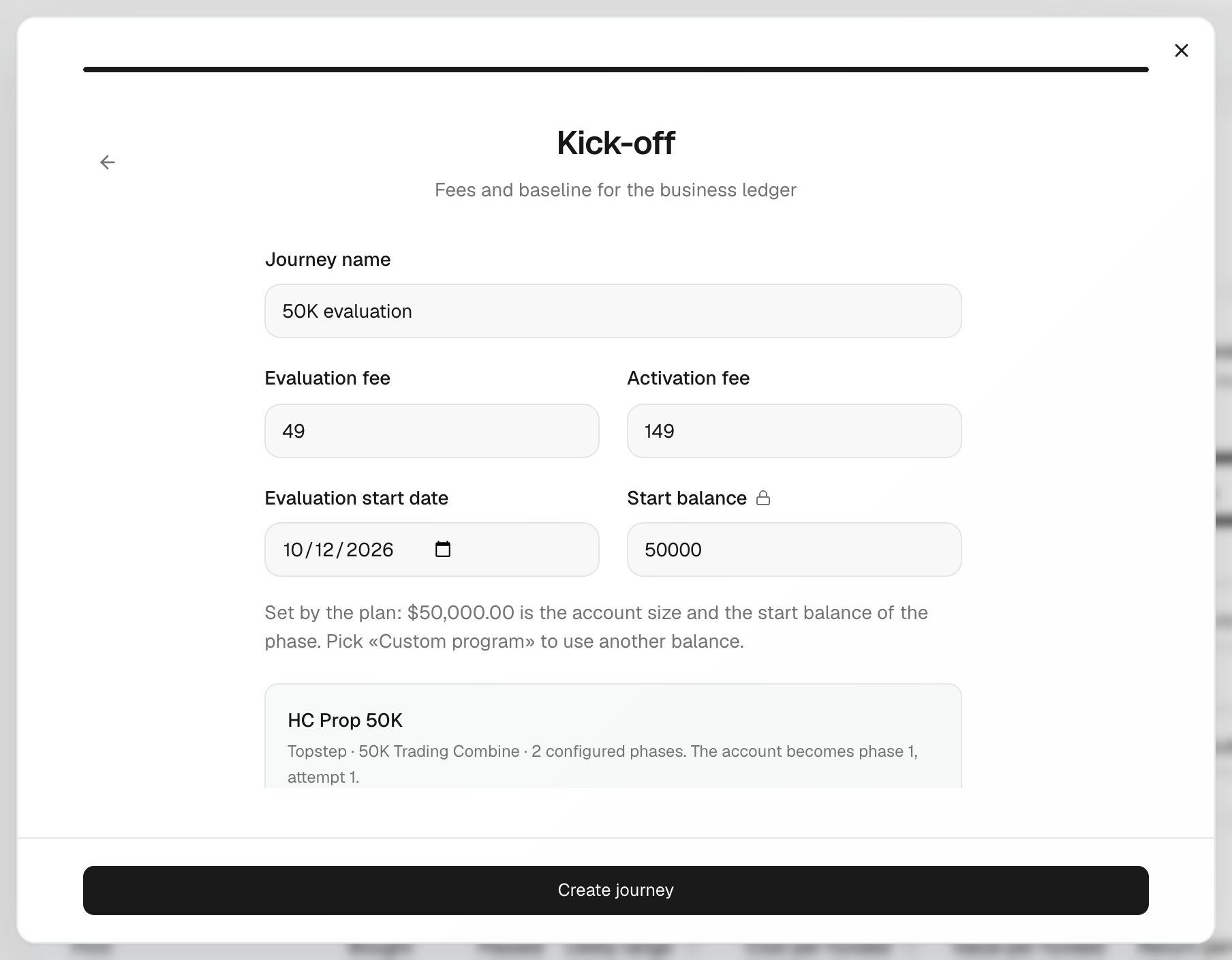The Kick-off step with Journey name and fees filled in