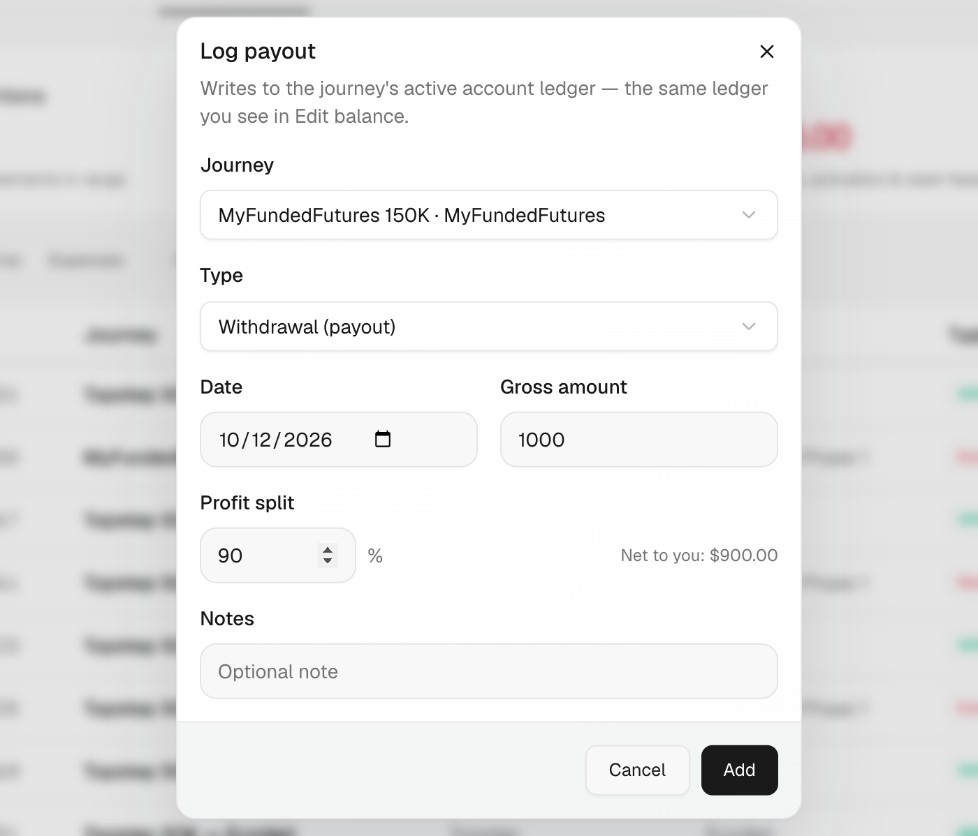 The Log payout window with Gross amount and Profit split