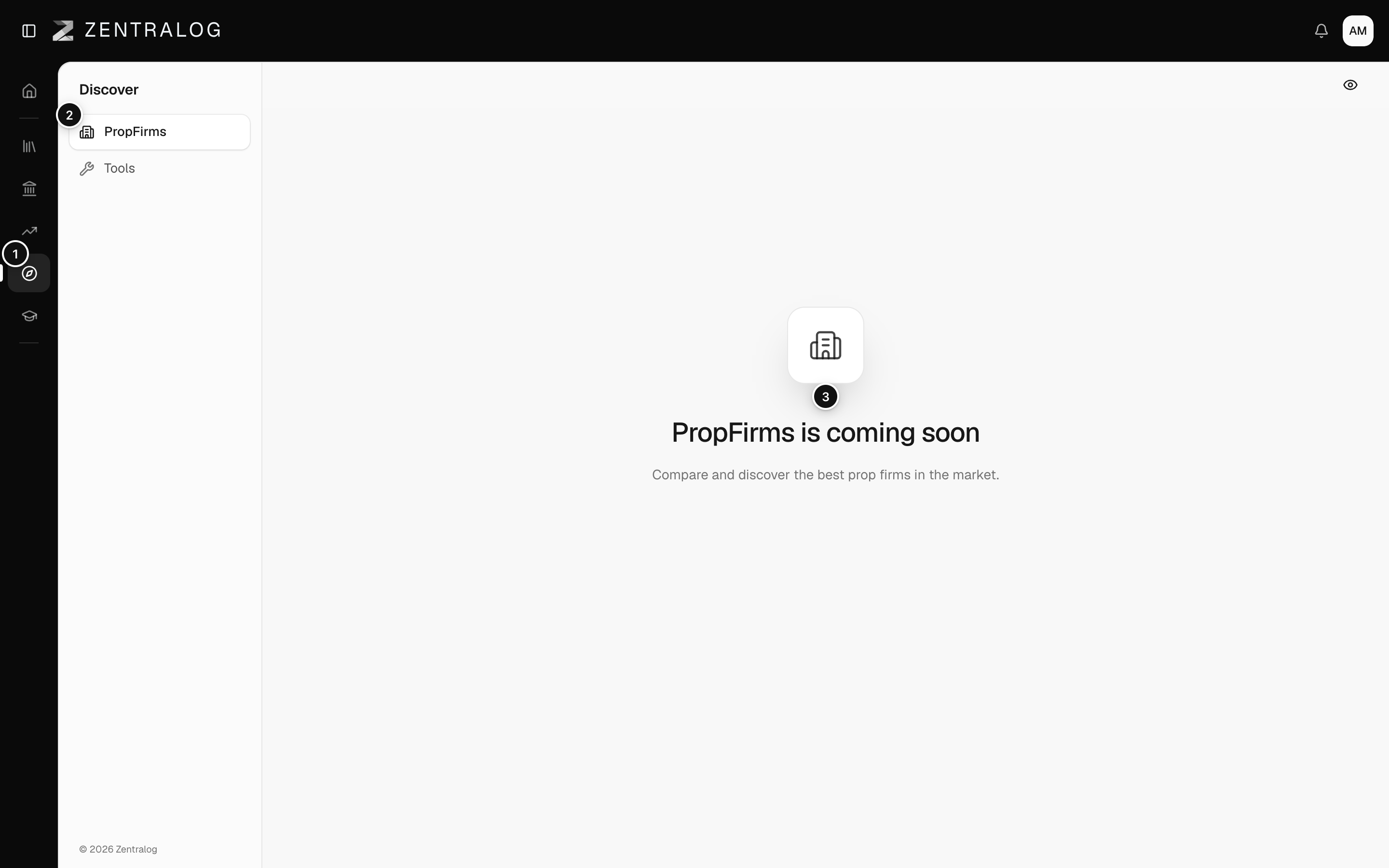 The PropFirms page showing that the catalog is coming soon